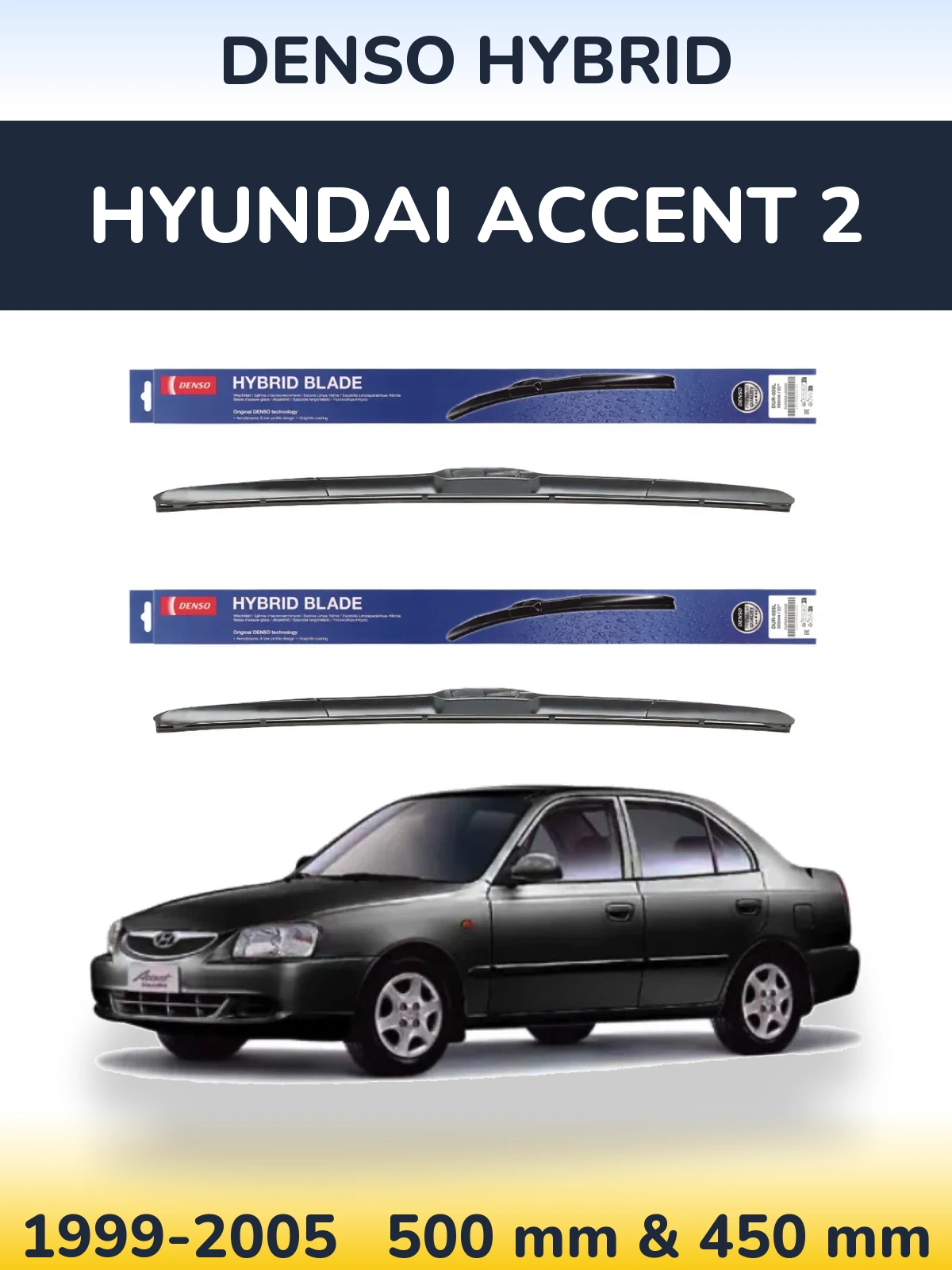 Sada předních stěračů Denso Hybrid 500 a 450 mm pro Hyundai Accent 2 1999-2005