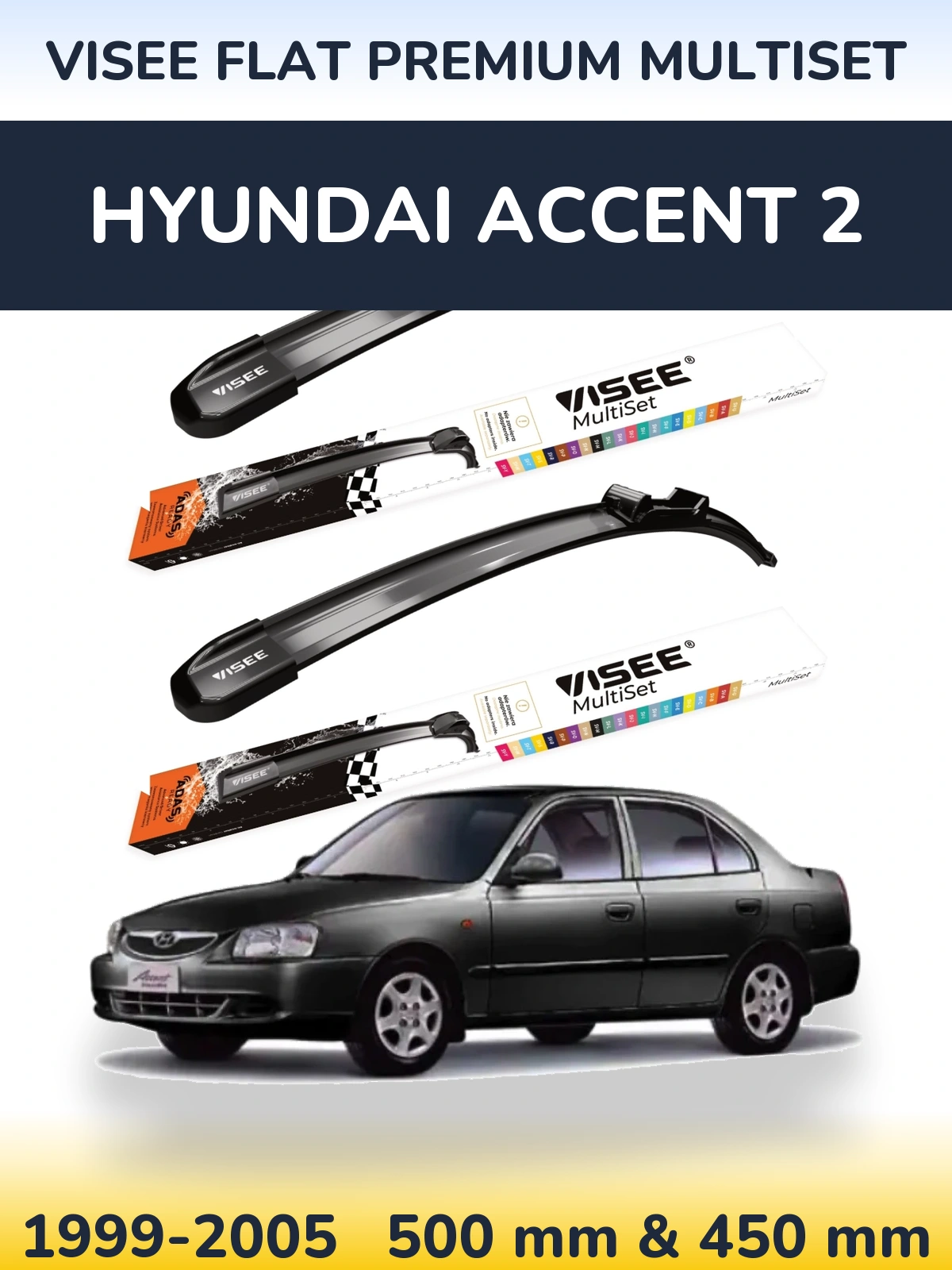 Sada předních stěračů VISEE FLAT PREMIUM MultiSet 500 a 450 mm pro Hyundai Accent 2 1999-2005