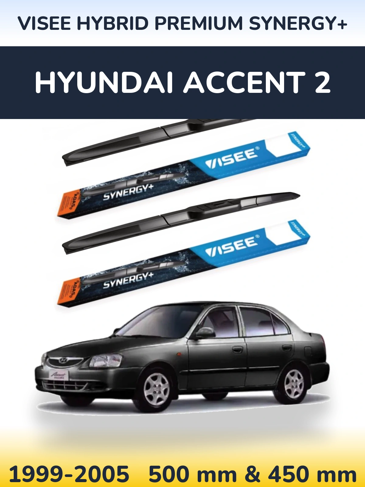 Sada předních stěračů VISEE HYBRID PREMIUM SYNERGY+ 500 a 450 mm pro Hyundai Accent 2 1999-2005
