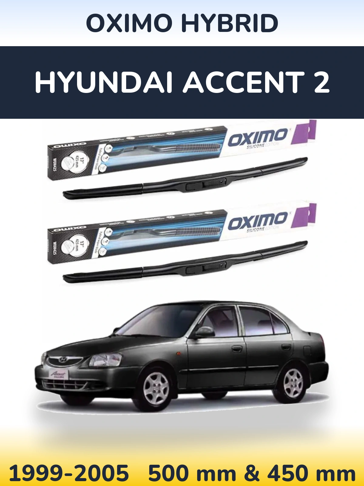 Sada předních stěračů Oximo Hybrid 500 a 450 mm pro Hyundai Accent 2 1999-2005