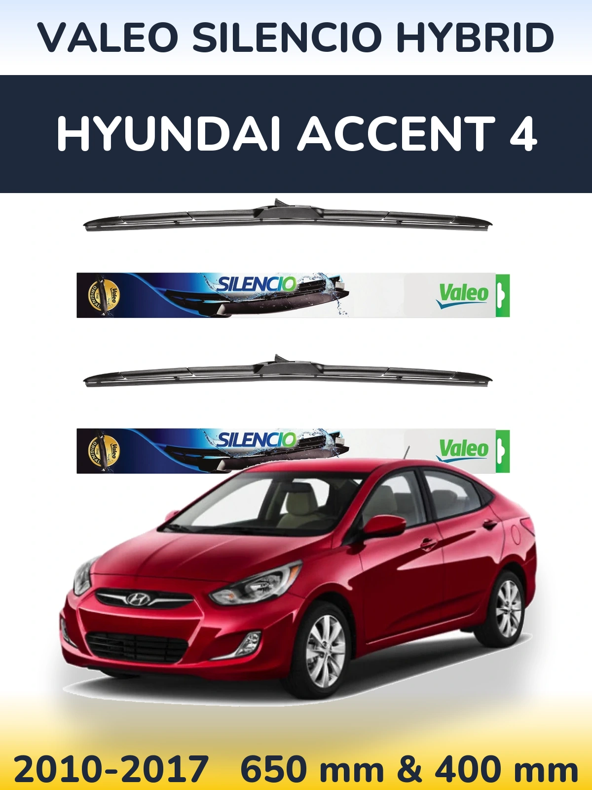 Sada předních stěračů Valeo Silencio Hybrid 650 a 400 mm pro Hyundai Accent 4 2010-2017