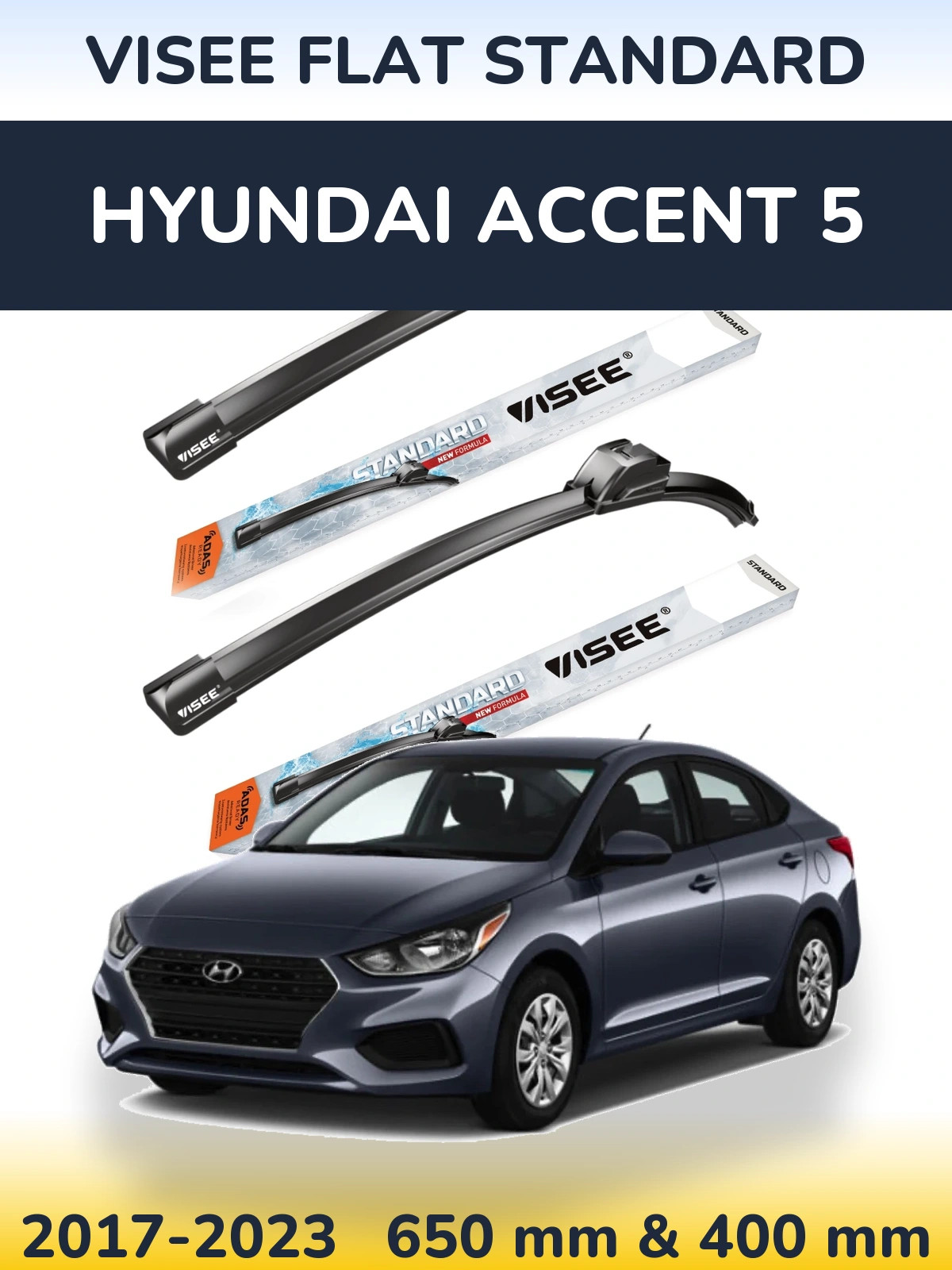 Sada předních stěračů VISEE FLAT STANDARD 650 a 400 mm pro Hyundai Accent 5 2017-2023
