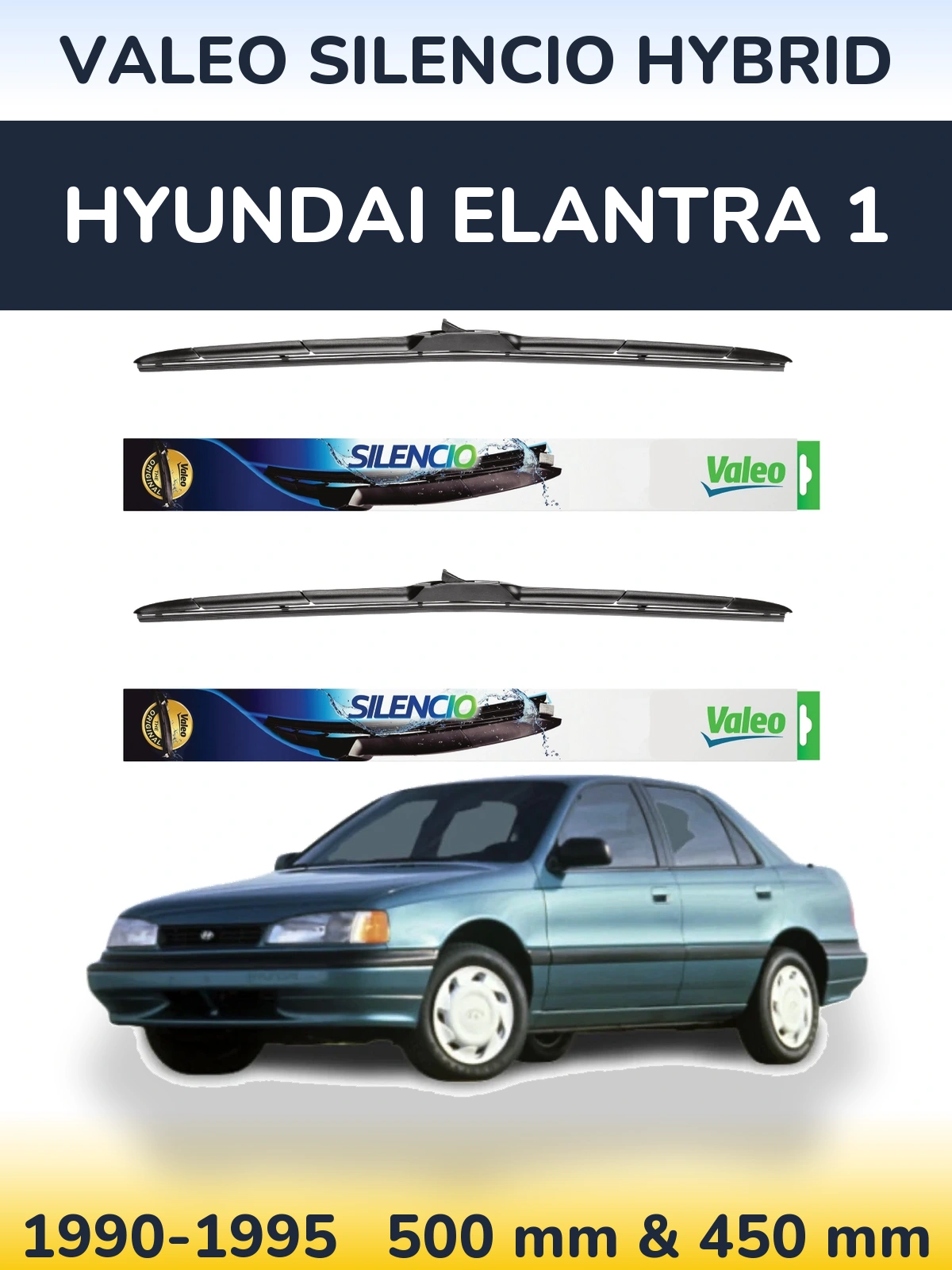 Sada předních stěračů Valeo Silencio Hybrid 500 a 450 mm pro Hyundai Elantra 1 1990-1995