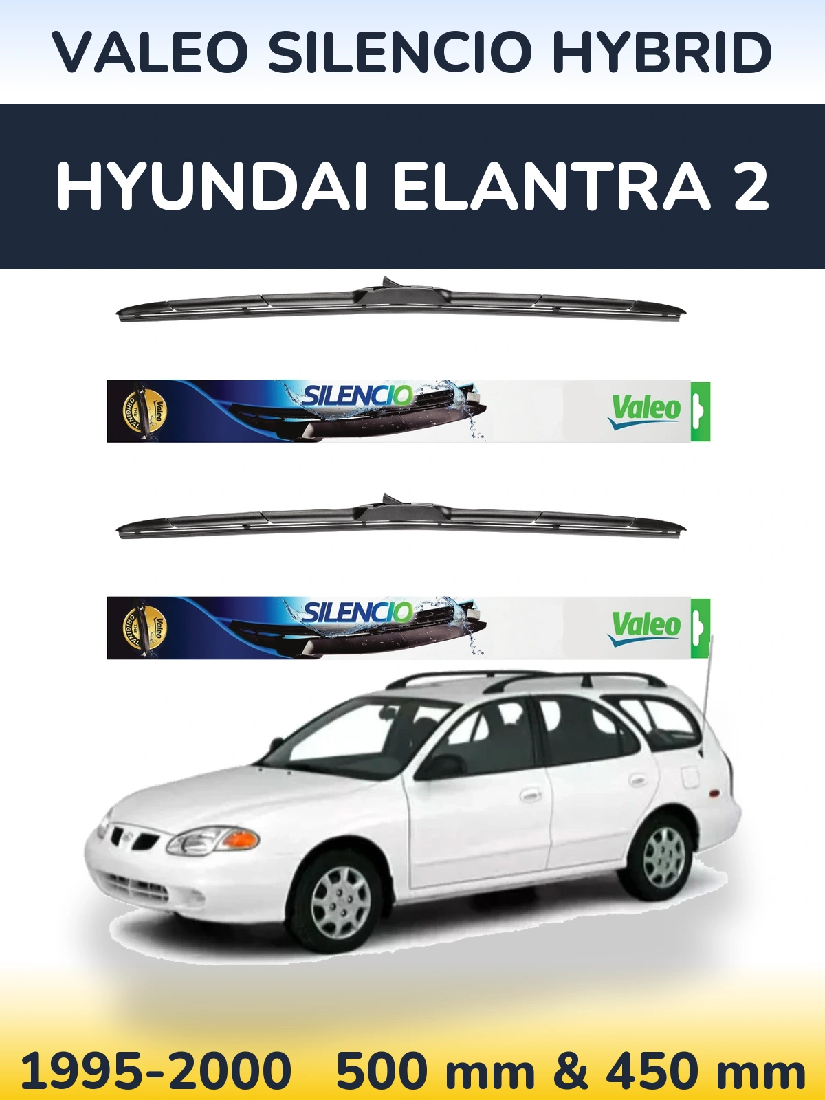 Sada předních stěračů Valeo Silencio Hybrid 500 a 450 mm pro Hyundai Elantra 2 1995-2000