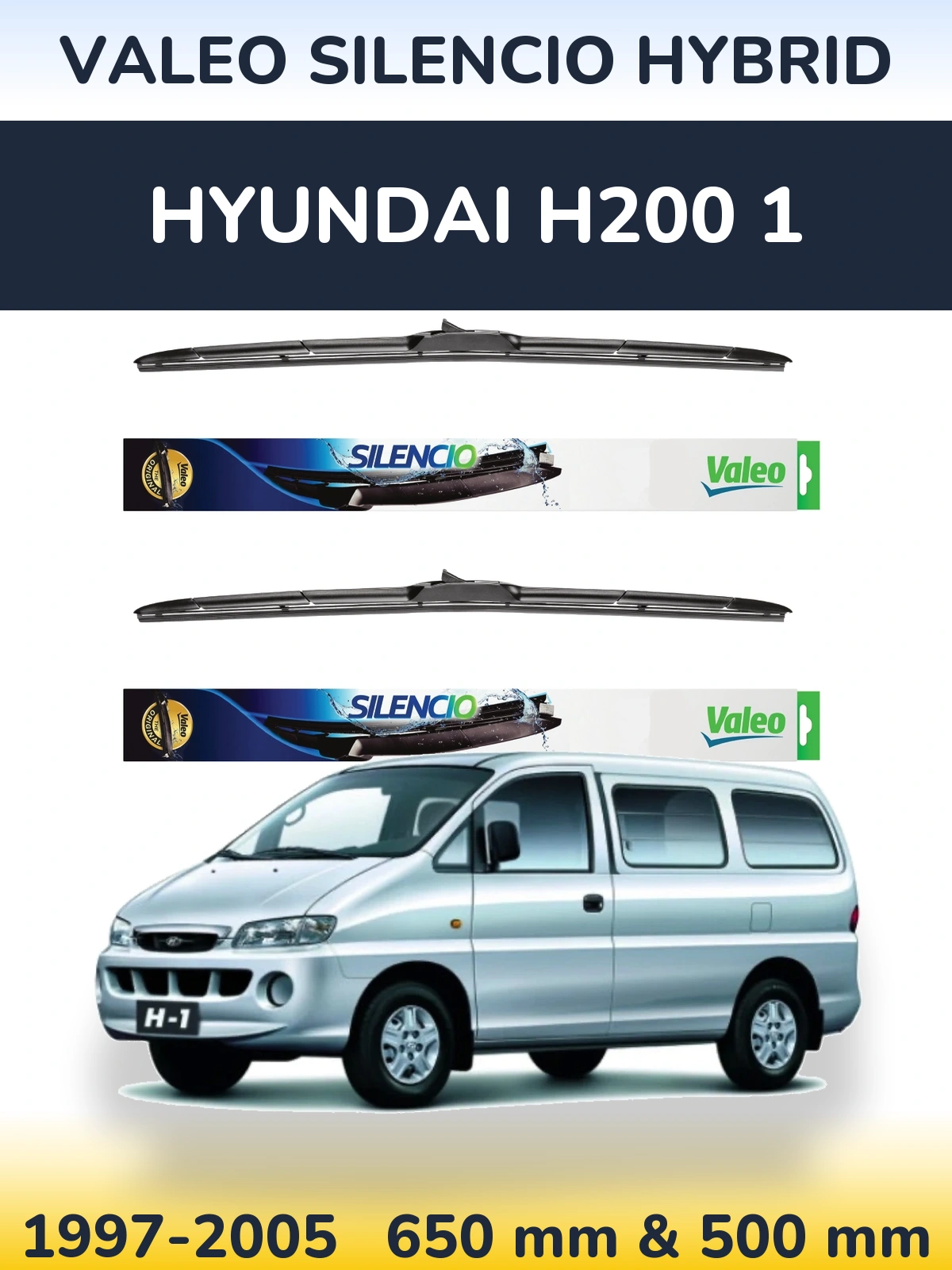 Sada předních stěračů Valeo Silencio Hybrid 650 a 500 mm pro Hyundai H200 1 1997-2005
