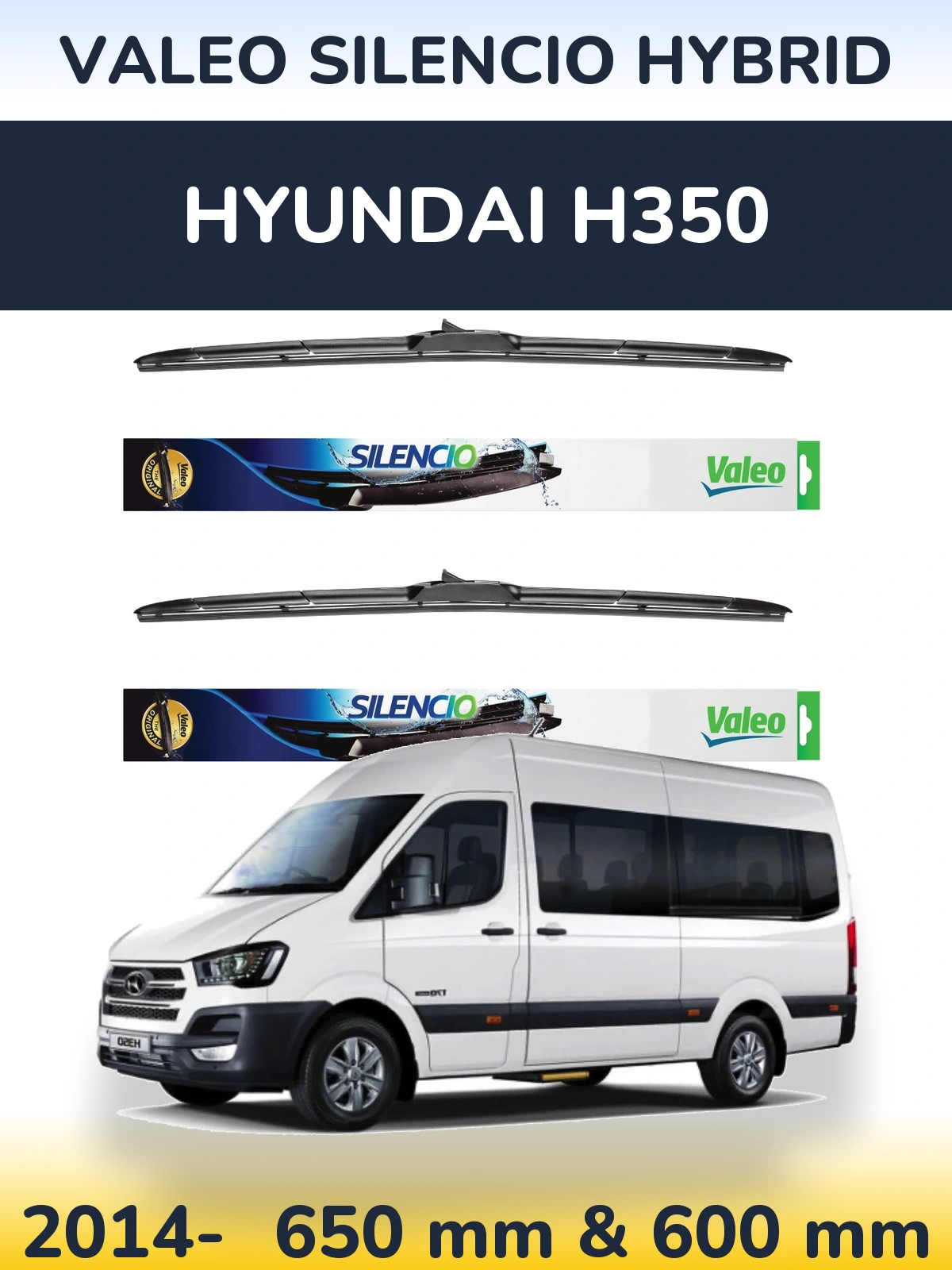 Sada předních stěračů Valeo Silencio Hybrid 650 a 600 mm pro Hyundai H350 2014-2026