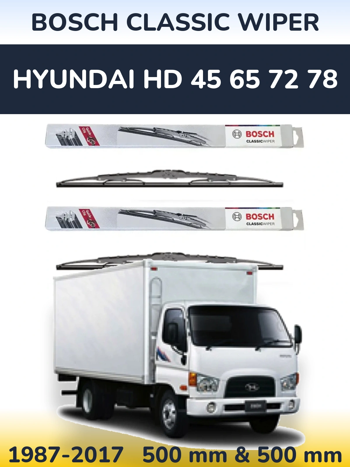 Sada předních stěračů BOSCH Classic Wiper 500 a 500 mm pro Hyundai HD 45 65 72 78 1987-2017