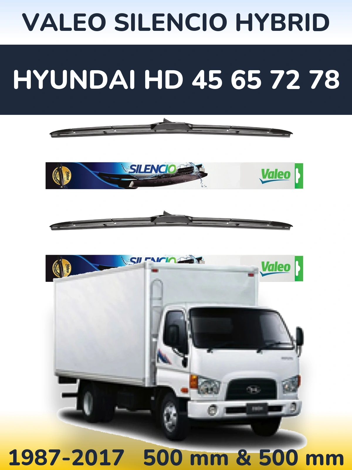 Sada předních stěračů Valeo Silencio Hybrid 500 a 500 mm pro Hyundai HD 45 65 72 78 1987-2017