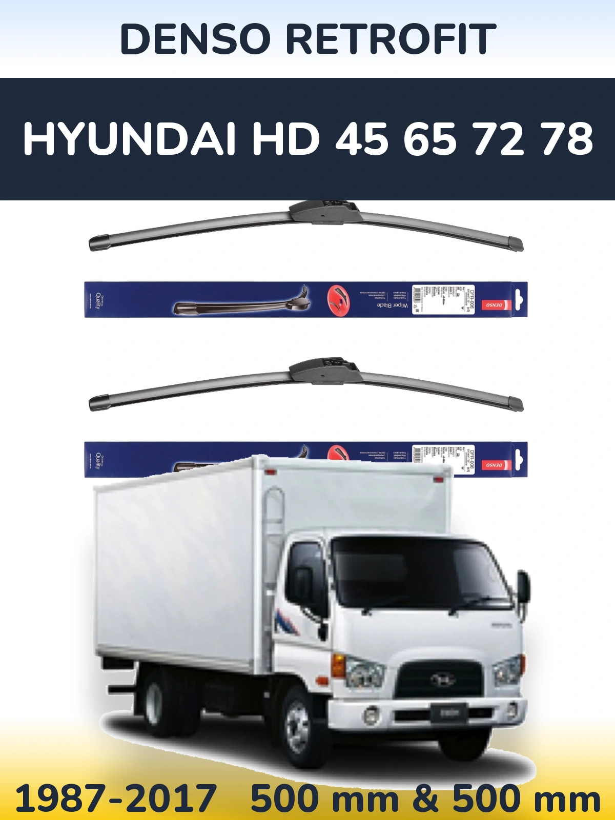 Sada předních stěračů Denso Retrofit 500 a 500 mm pro Hyundai HD 45 65 72 78 1987-2017