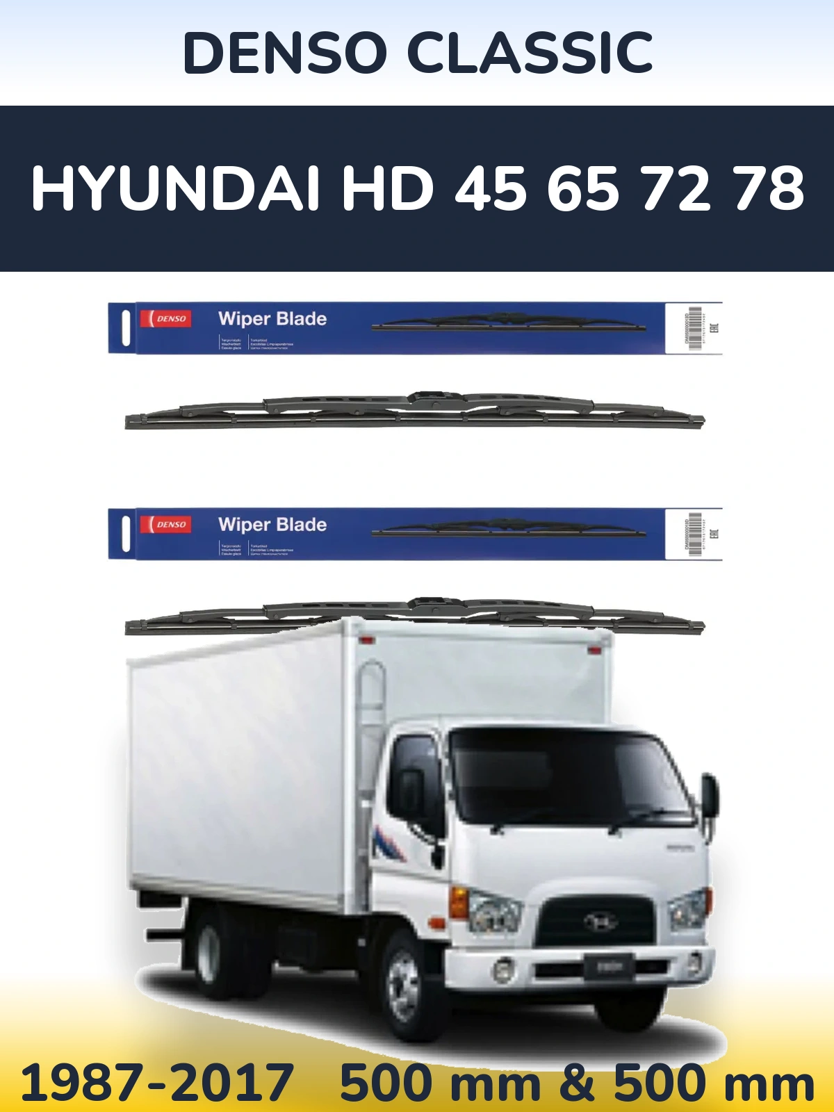 Sada předních stěračů Denso Classic 500 a 500 mm pro Hyundai HD 45 65 72 78 1987-2017