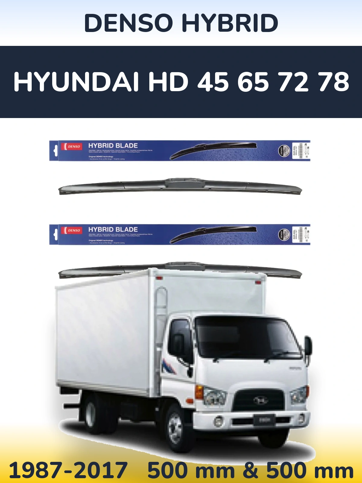 Sada předních stěračů Denso Hybrid 500 a 500 mm pro Hyundai HD 45 65 72 78 1987-2017