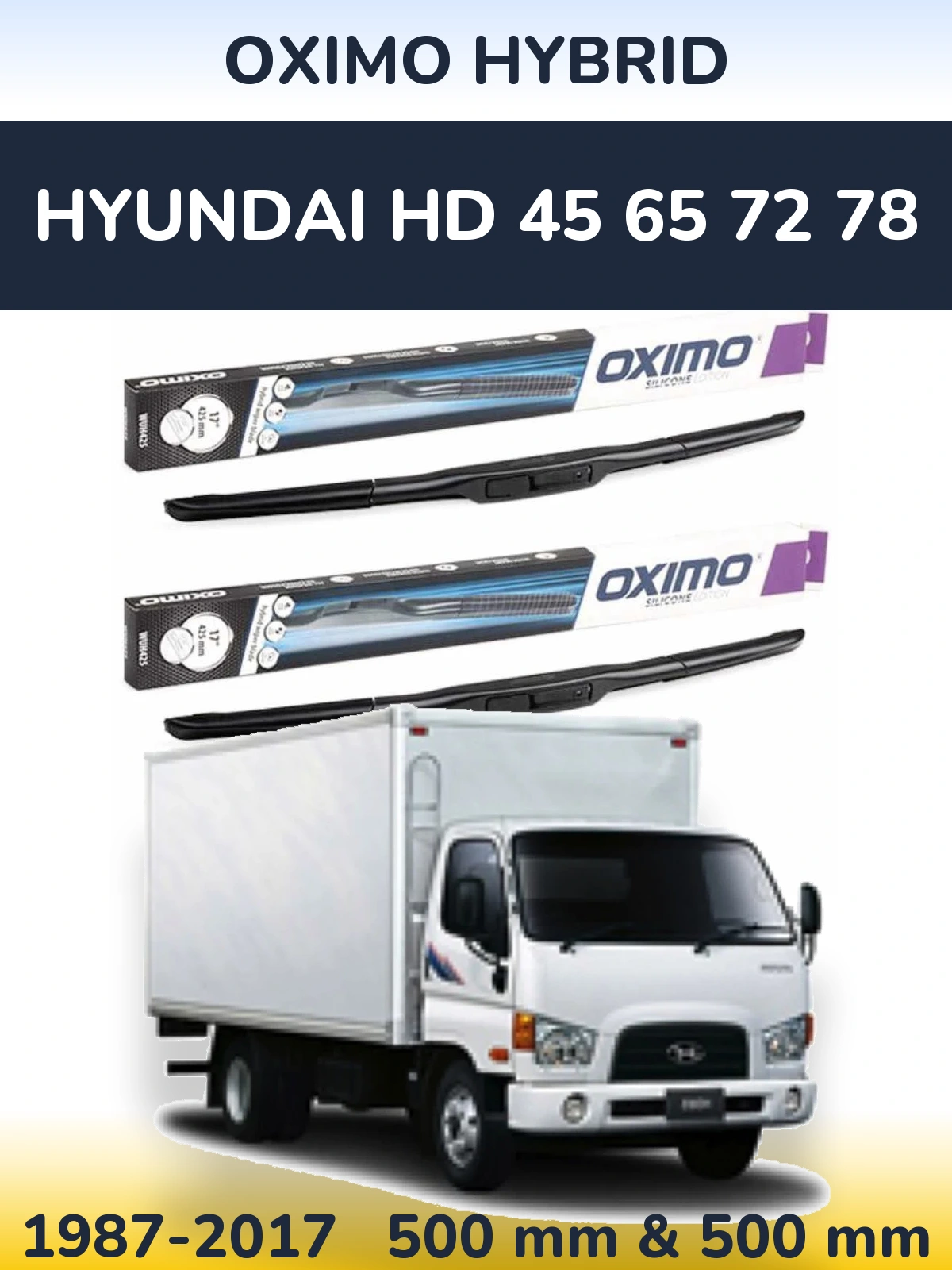 Sada předních stěračů Oximo Hybrid 500 a 500 mm pro Hyundai HD 45 65 72 78 1987-2017
