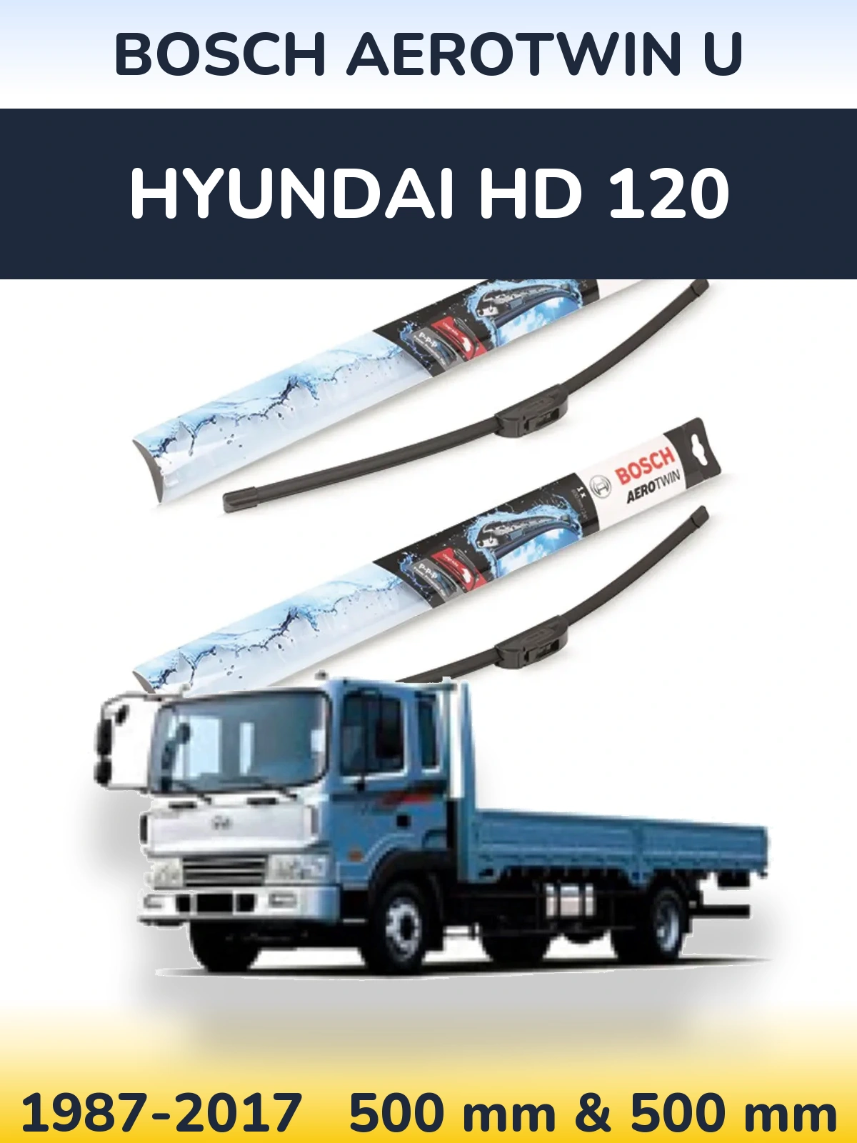 Sada předních stěračů BOSCH AeroTwin U 500 a 500 mm pro Hyundai HD 120 1987-2017