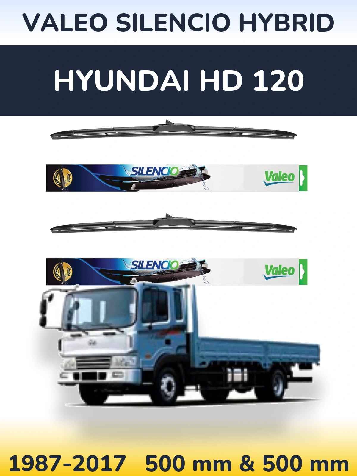 Sada předních stěračů Valeo Silencio Hybrid 500 a 500 mm pro Hyundai HD 120 1987-2017