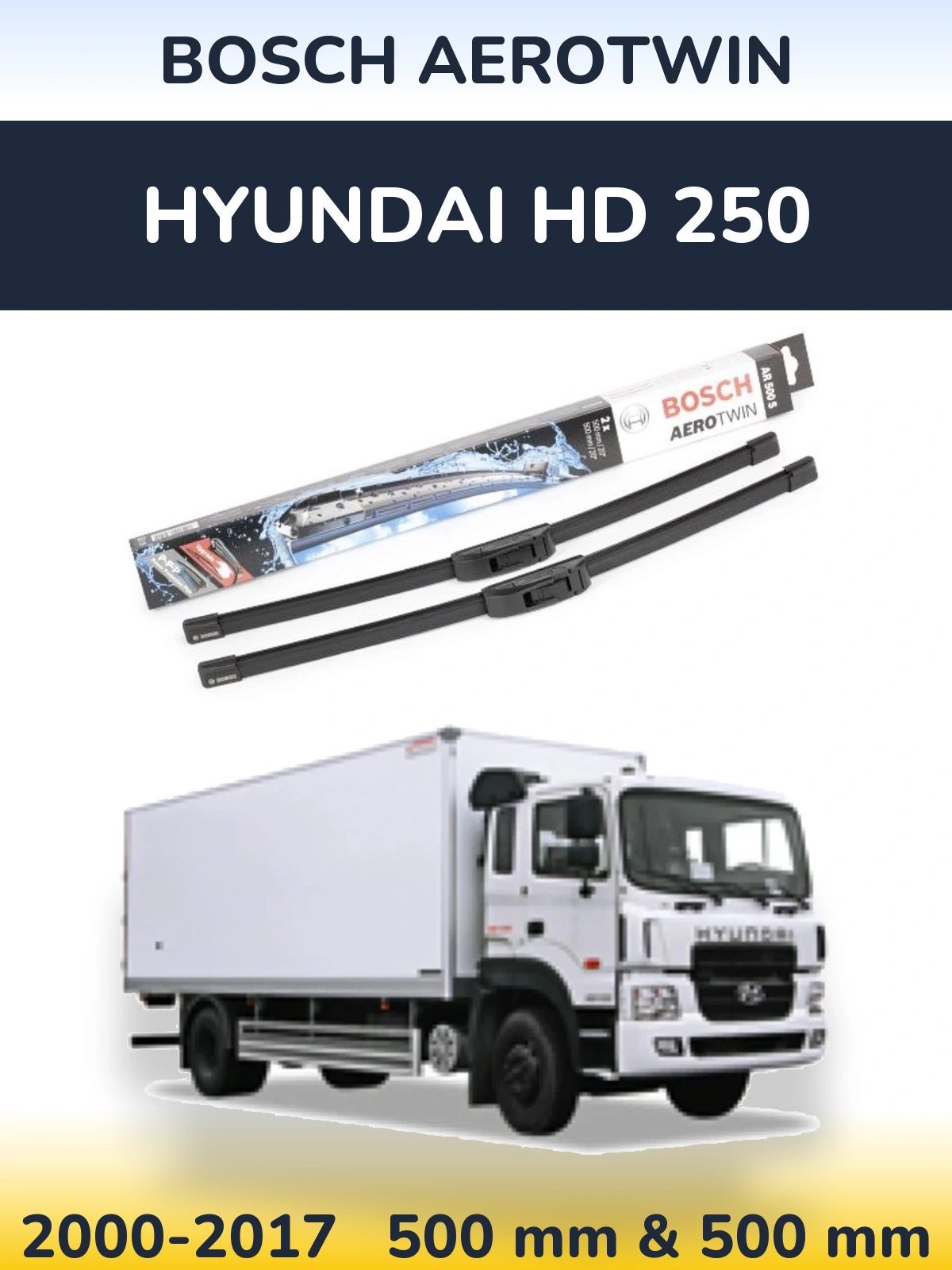 Sada předních stěračů BOSCH AeroTwin 500 a 500 mm pro Hyundai HD 250 2000-2017