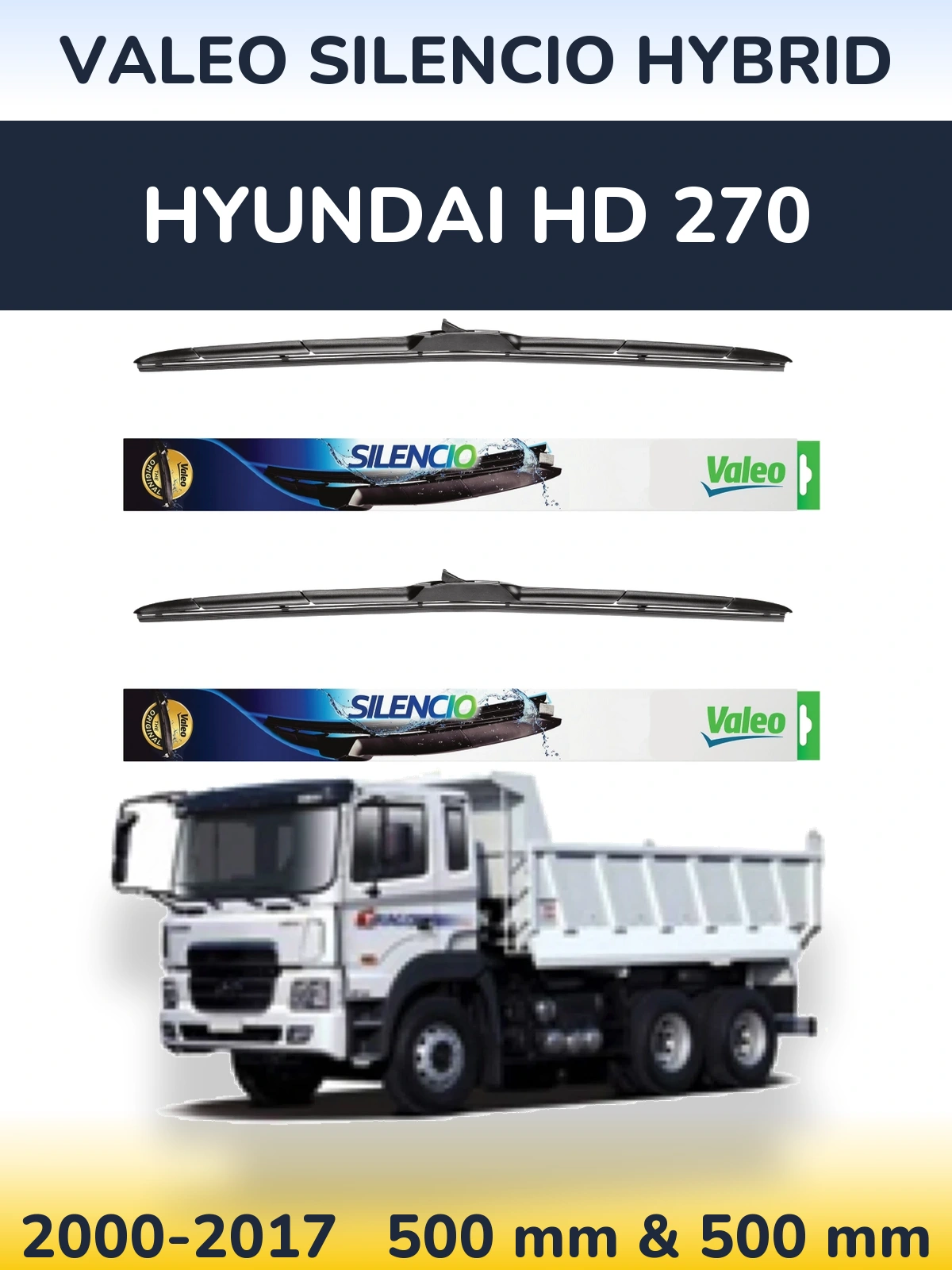 Sada předních stěračů Valeo Silencio Hybrid 500 a 500 mm pro Hyundai HD 270 2000-2017