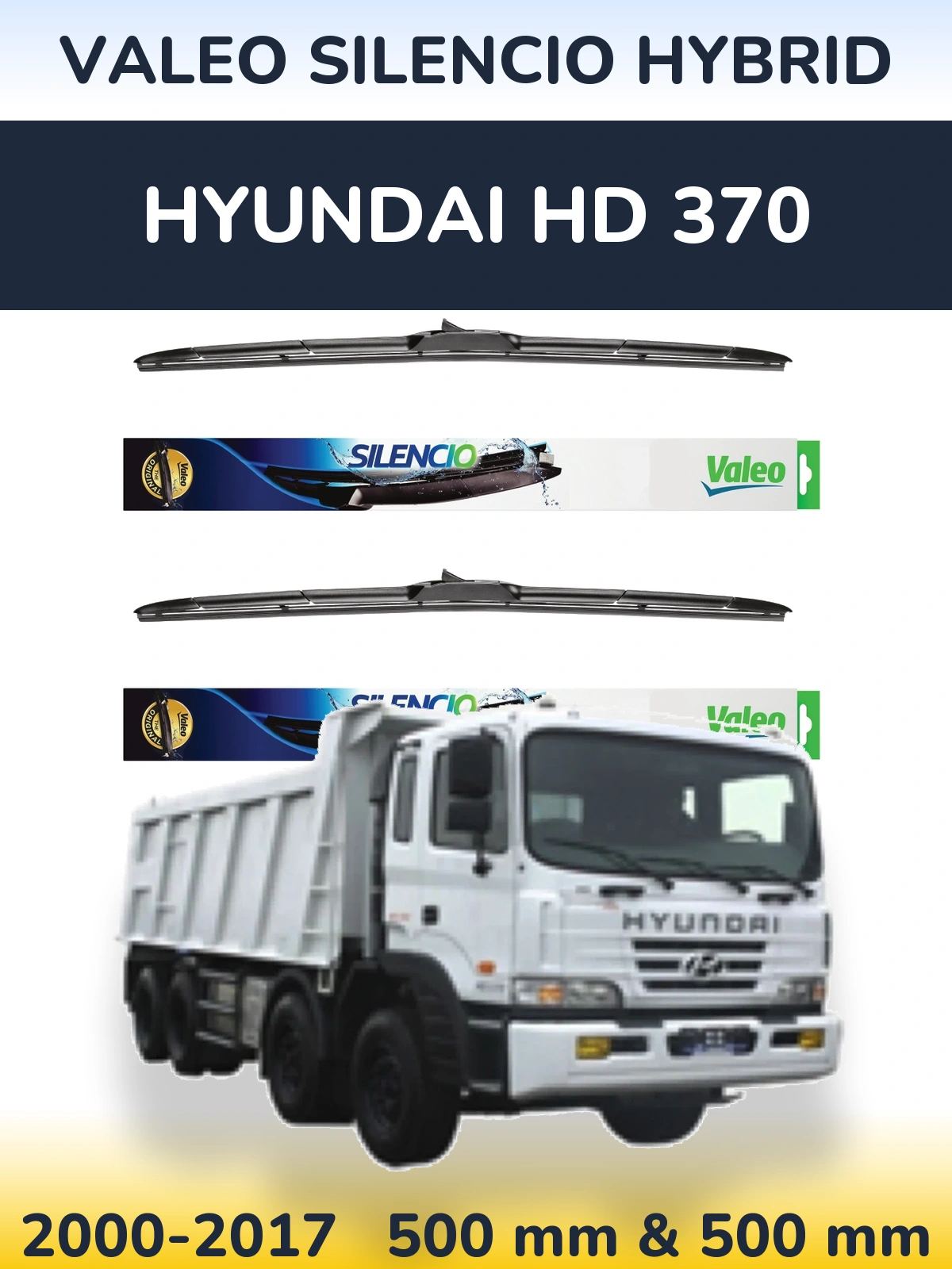 Sada předních stěračů Valeo Silencio Hybrid 500 a 500 mm pro Hyundai HD 370 2000-2017