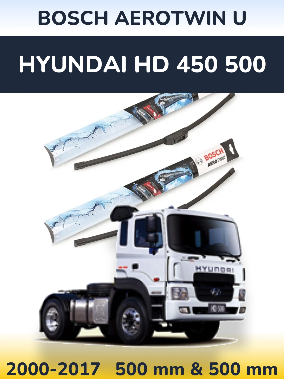 Sada předních stěračů BOSCH AeroTwin U 500 a 500 mm pro Hyundai HD 450 500 2000-2017