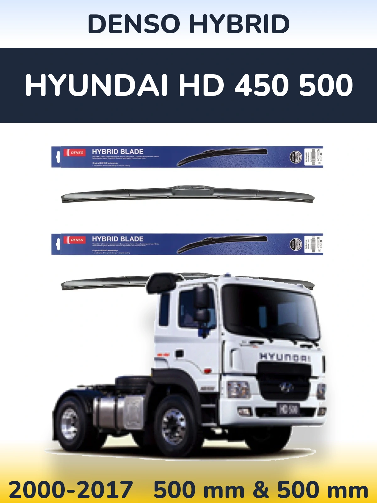 Sada předních stěračů Denso Hybrid 500 a 500 mm pro Hyundai HD 450 500 2000-2017