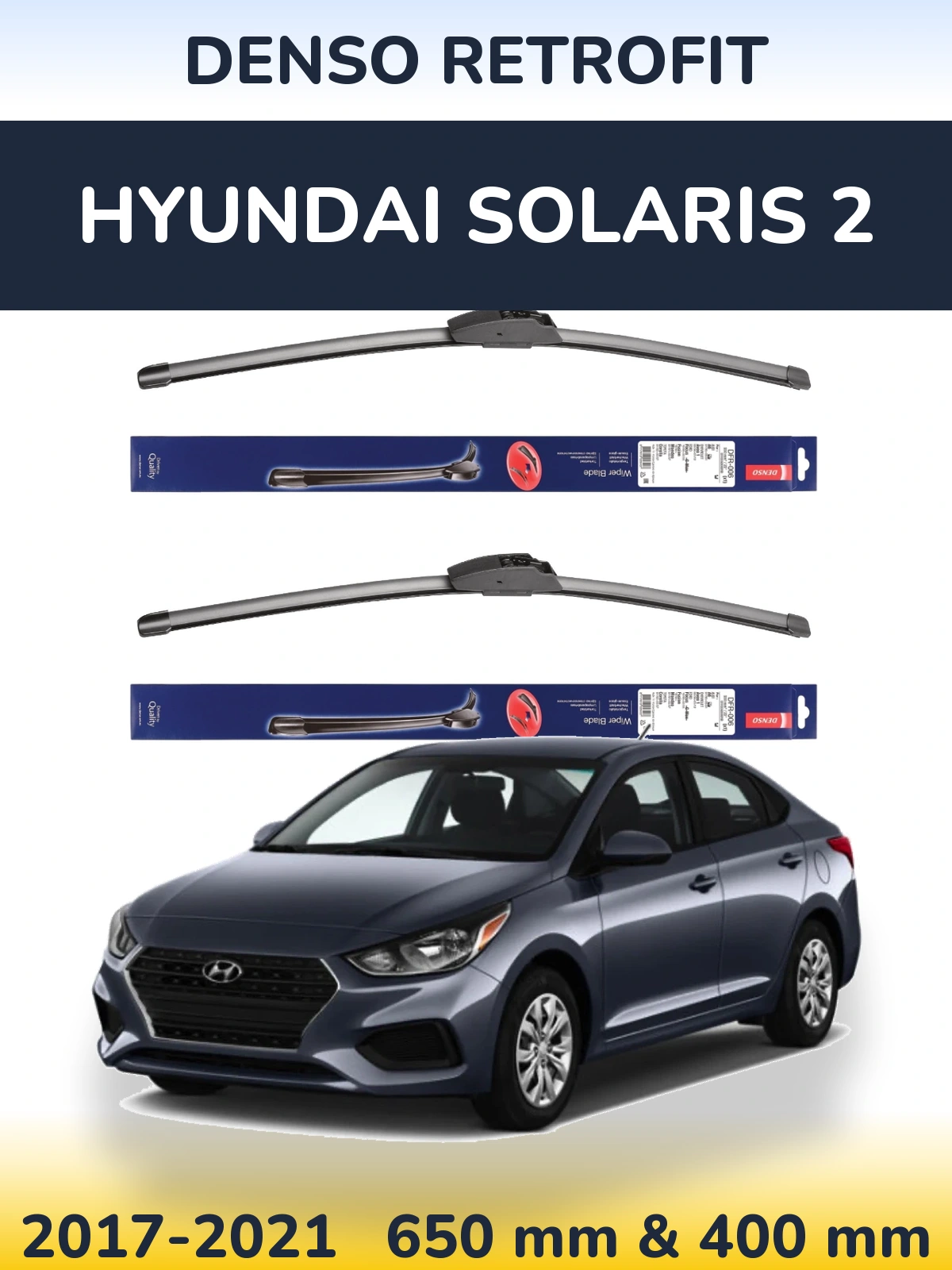 Sada předních stěračů Denso Retrofit 650 a 400 mm pro Hyundai Solaris 2 2017-2021