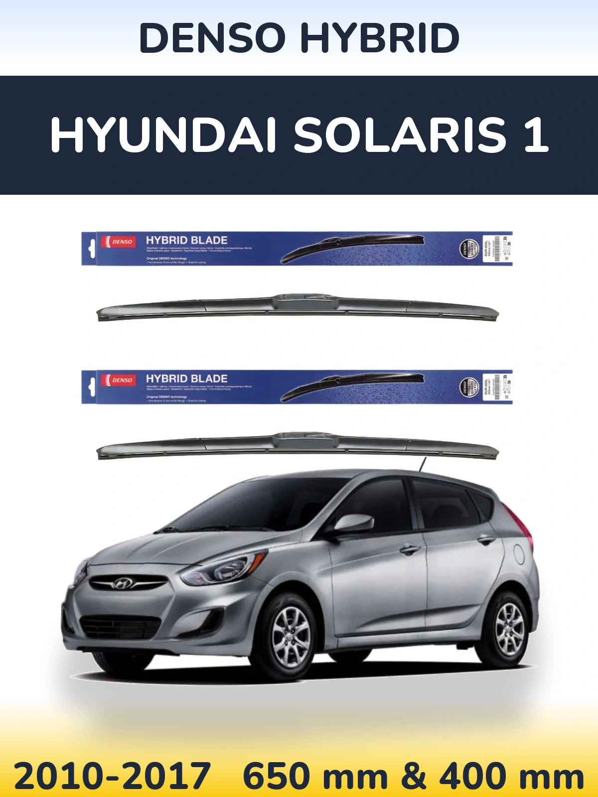 Sada předních stěračů Denso Hybrid 650 a 400 mm pro Hyundai Solaris 1 2010-2017