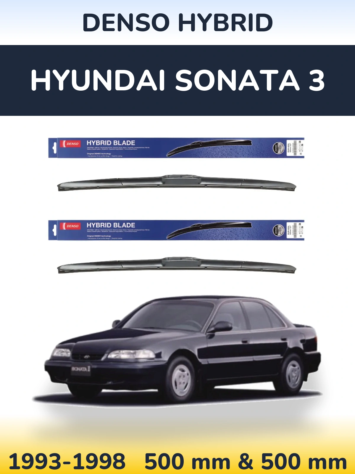 Sada předních stěračů Denso Hybrid 500 a 500 mm pro Hyundai Sonata 3 1993-1998