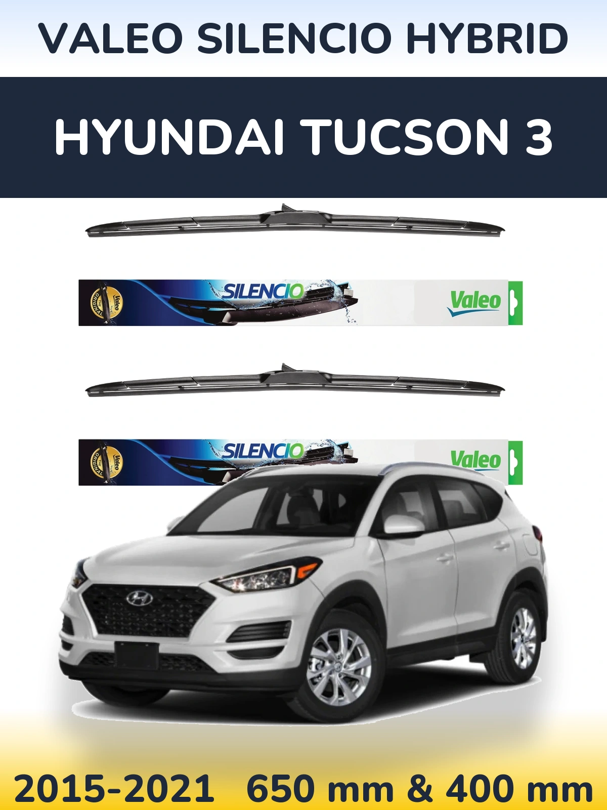 Sada předních stěračů Valeo Silencio Hybrid 650 a 400 mm pro Hyundai Tucson 3 2015-2021