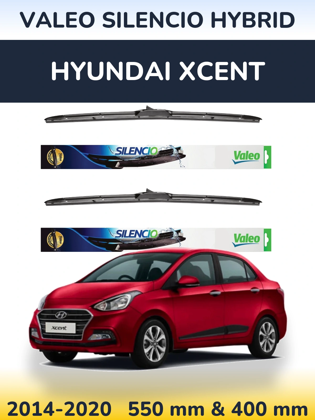 Sada předních stěračů Valeo Silencio Hybrid 550 a 400 mm pro Hyundai Xcent 2014-2020
