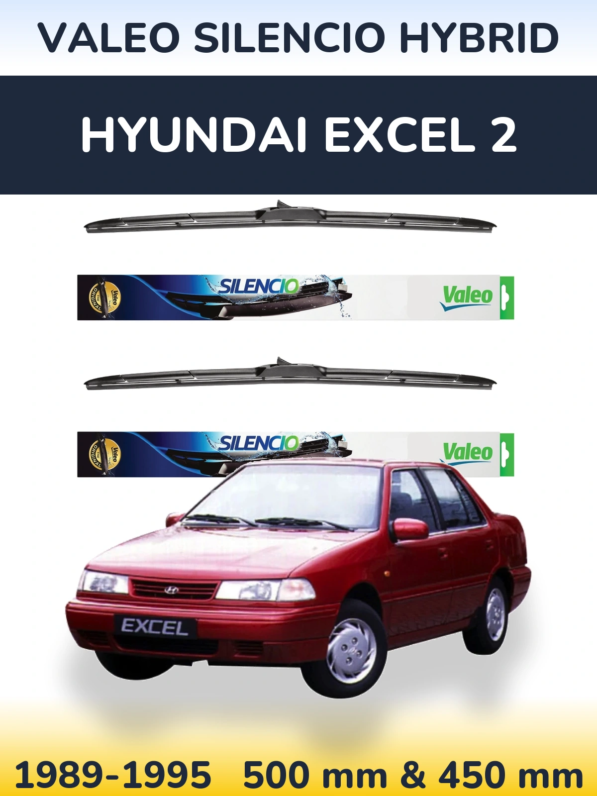 Sada předních stěračů Valeo Silencio Hybrid 500 a 450 mm pro Hyundai Excel 2 1989-1995