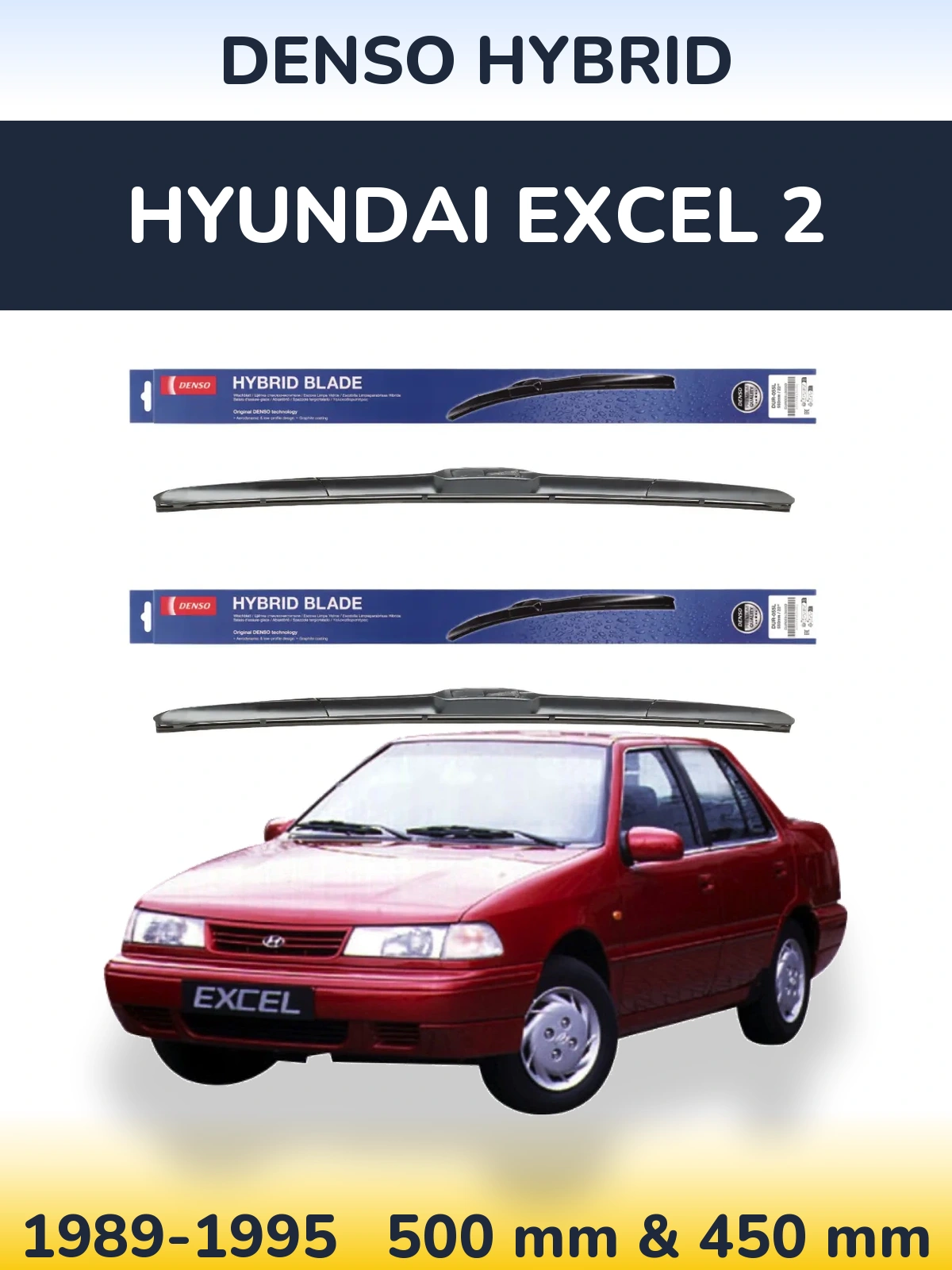 Sada předních stěračů Denso Hybrid 500 a 450 mm pro Hyundai Excel 2 1989-1995