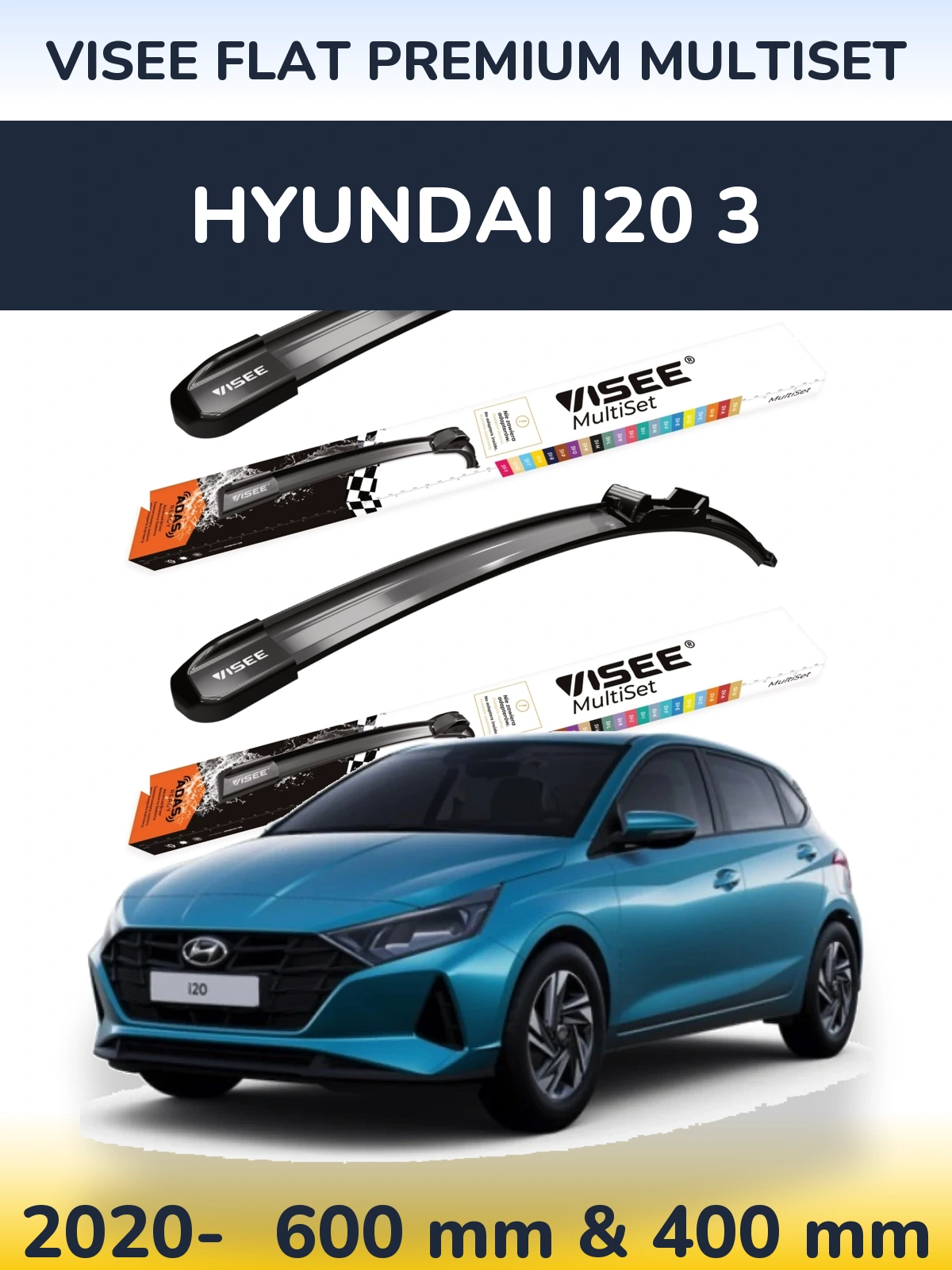 Комплект передніх щіток VISEE FLAT PREMIUM MultiSet 600 & 400 мм для Hyundai i20 3 2020-2026