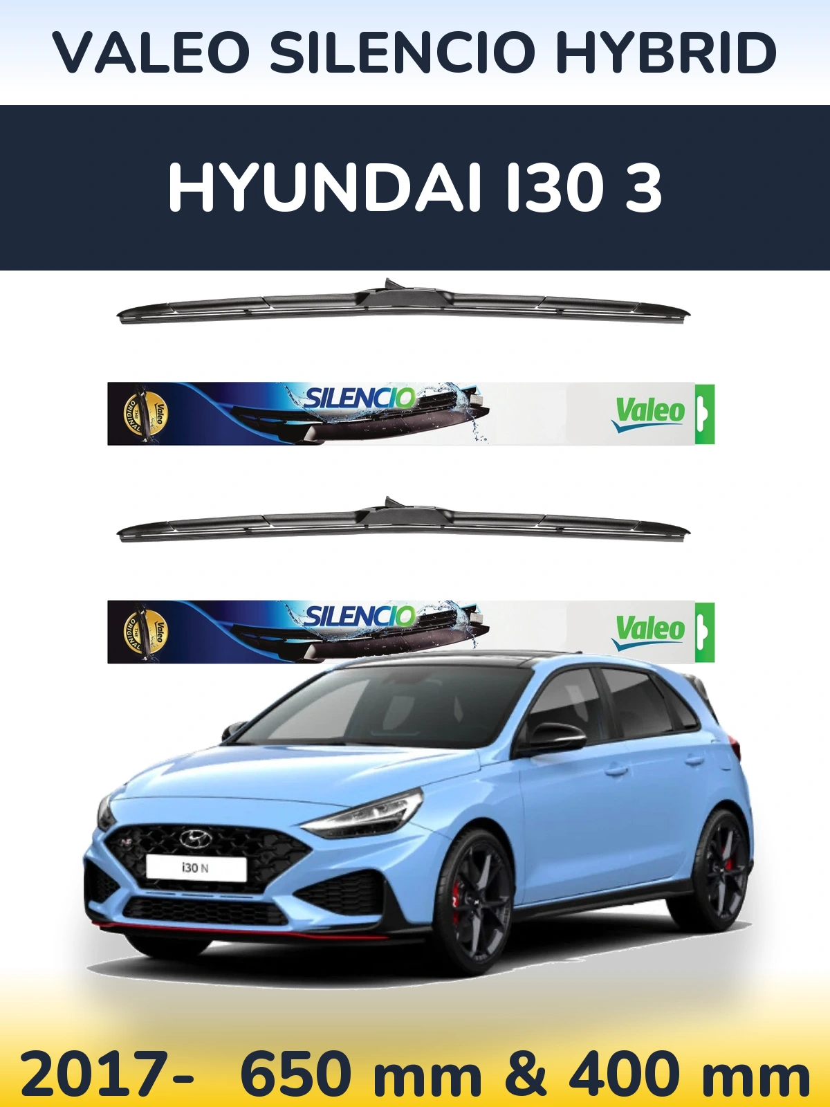 Sada předních stěračů Valeo Silencio Hybrid 650 a 400 mm pro Hyundai i30 3 2017-2026