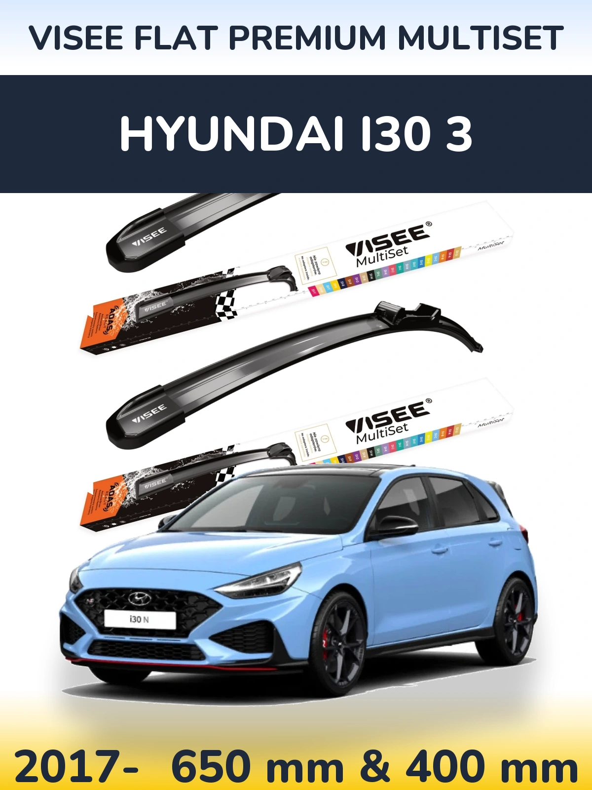 Sada předních stěračů VISEE FLAT PREMIUM MultiSet 650 a 400 mm pro Hyundai i30 3 2017-2026