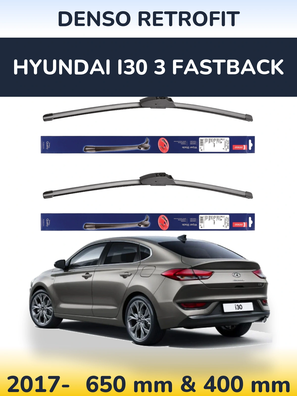 Sada předních stěračů Denso Retrofit 650 a 400 mm pro Hyundai i30 3 Fastback 2017-2026
