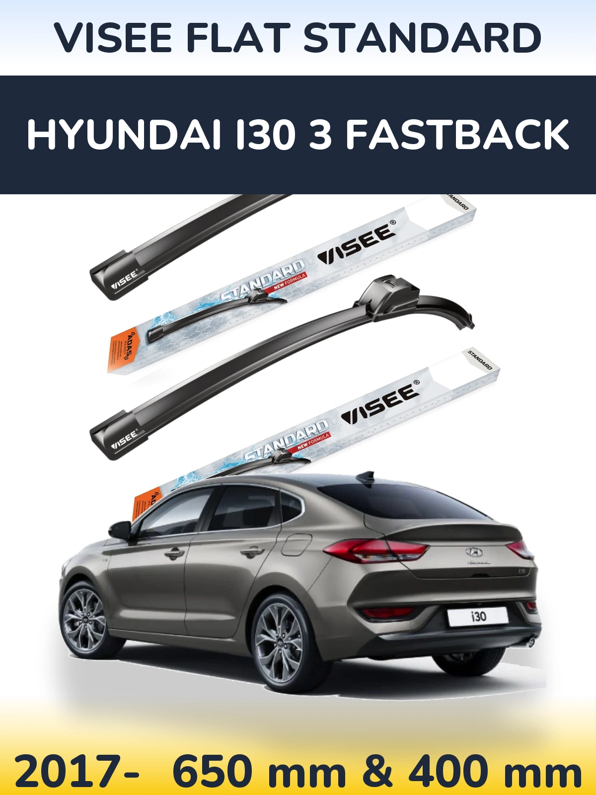Sada předních stěračů VISEE FLAT STANDARD 650 a 400 mm pro Hyundai i30 3 Fastback 2017-2026