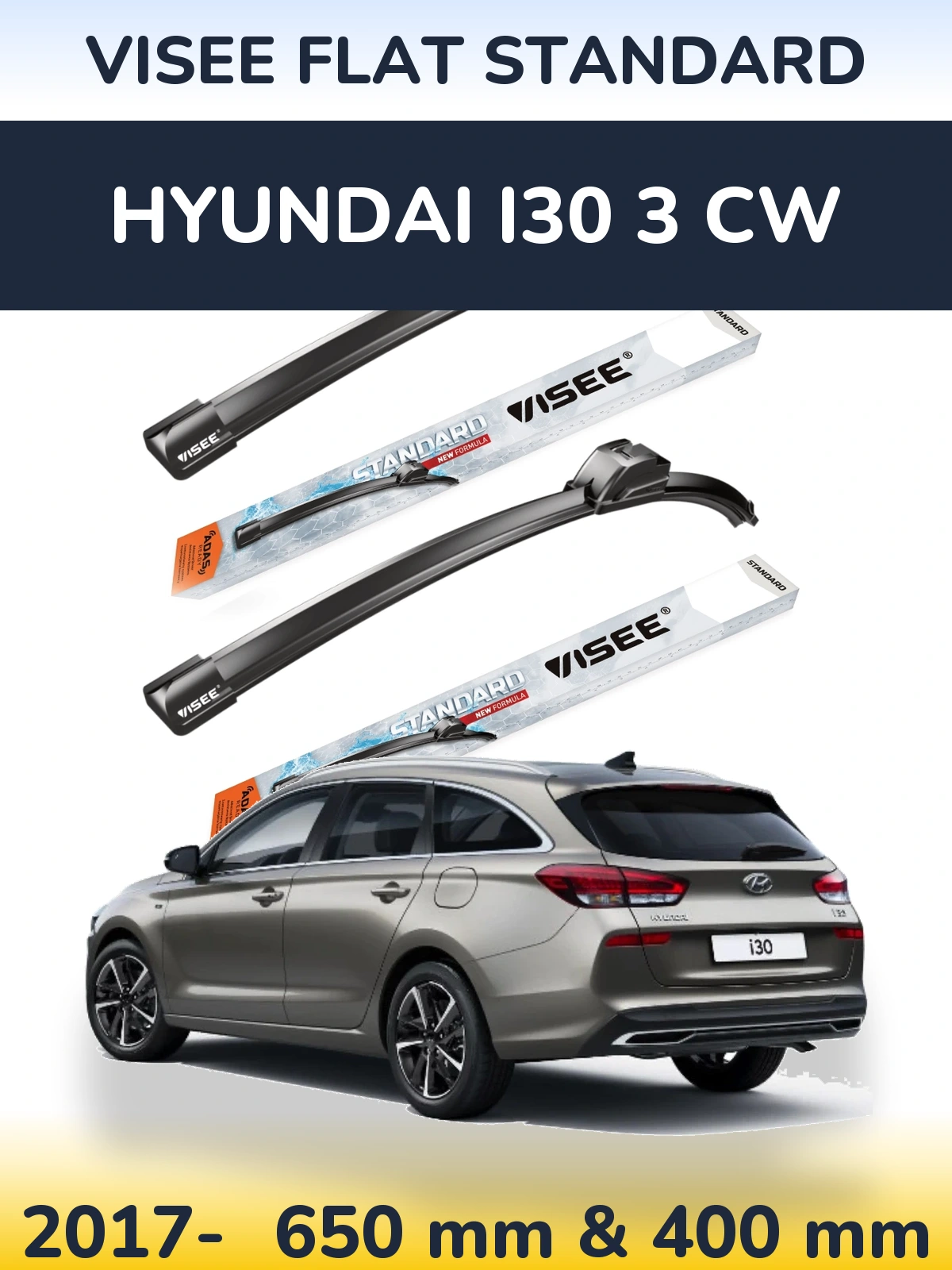 Sada předních stěračů VISEE FLAT STANDARD 650 a 400 mm pro Hyundai i30 3 CW 2017-2026