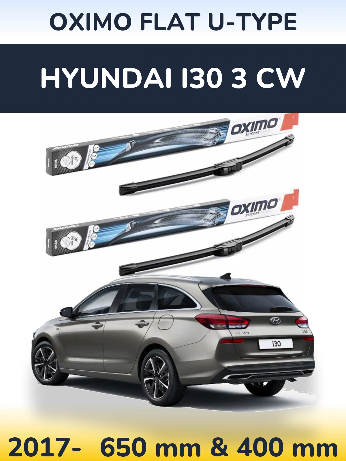 Комплект передніх щіток Oximo Flat U-type 650 & 400 мм для Hyundai i30 3 CW 2017-2026