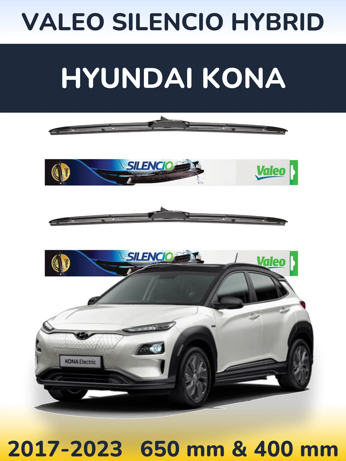 Sada předních stěračů Valeo Silencio Hybrid 650 a 400 mm pro Hyundai Kona 2017-2023