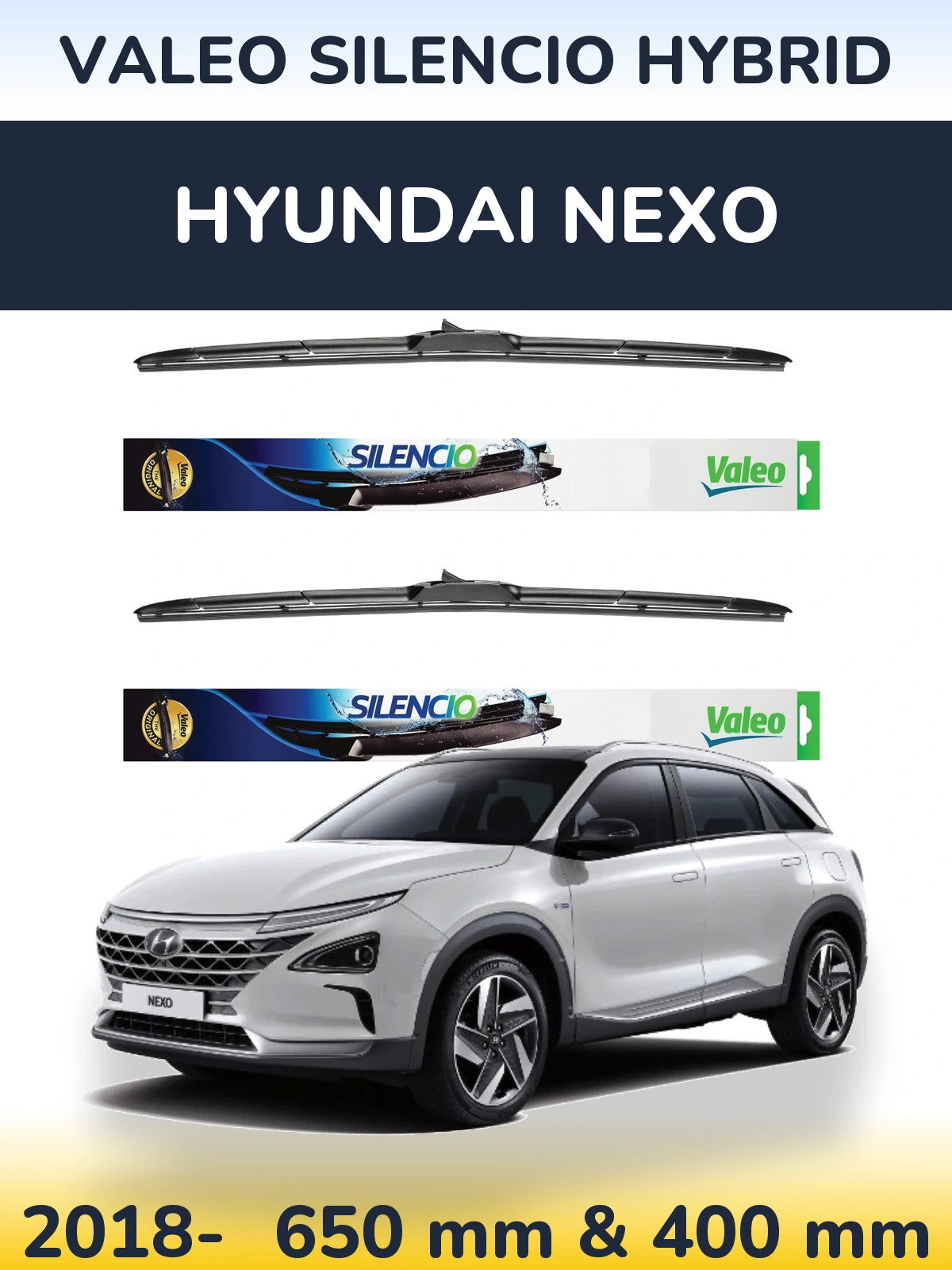 Sada předních stěračů Valeo Silencio Hybrid 650 a 400 mm pro Hyundai Nexo 2018-2026