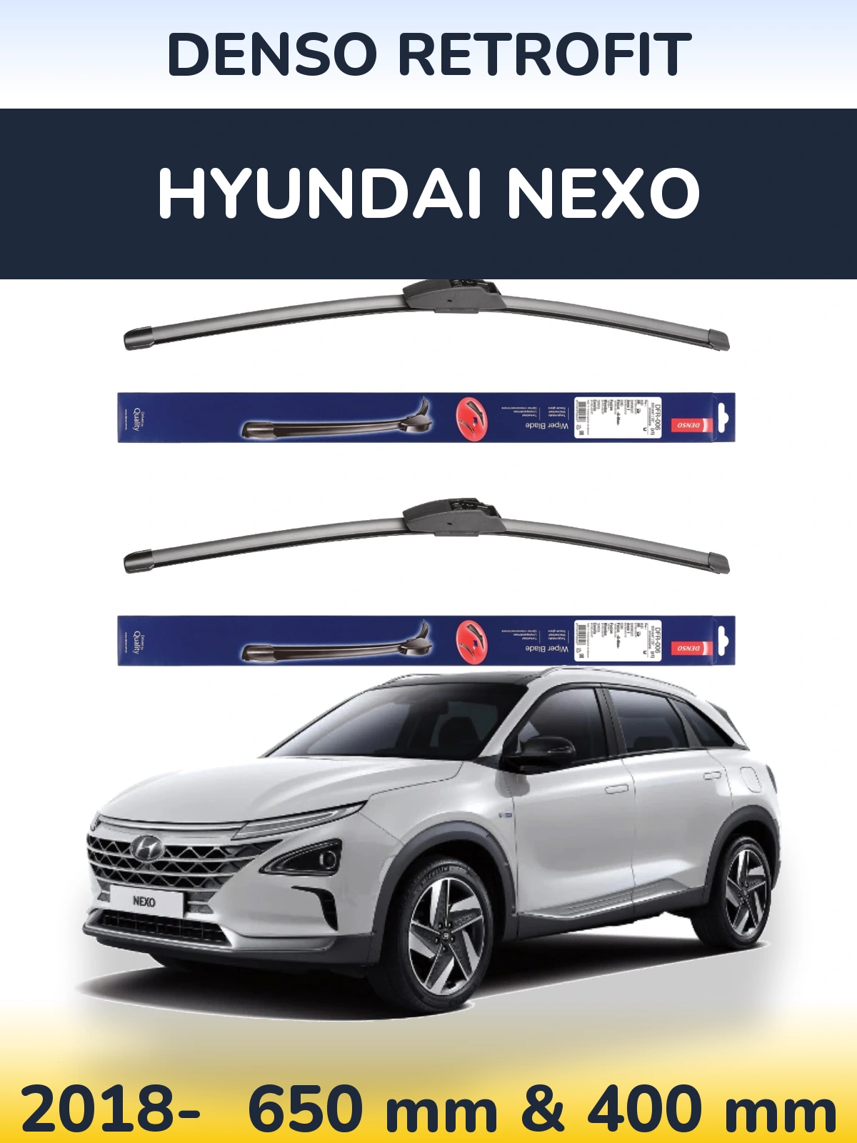 Sada předních stěračů Denso Retrofit 650 a 400 mm pro Hyundai Nexo 2018-2026