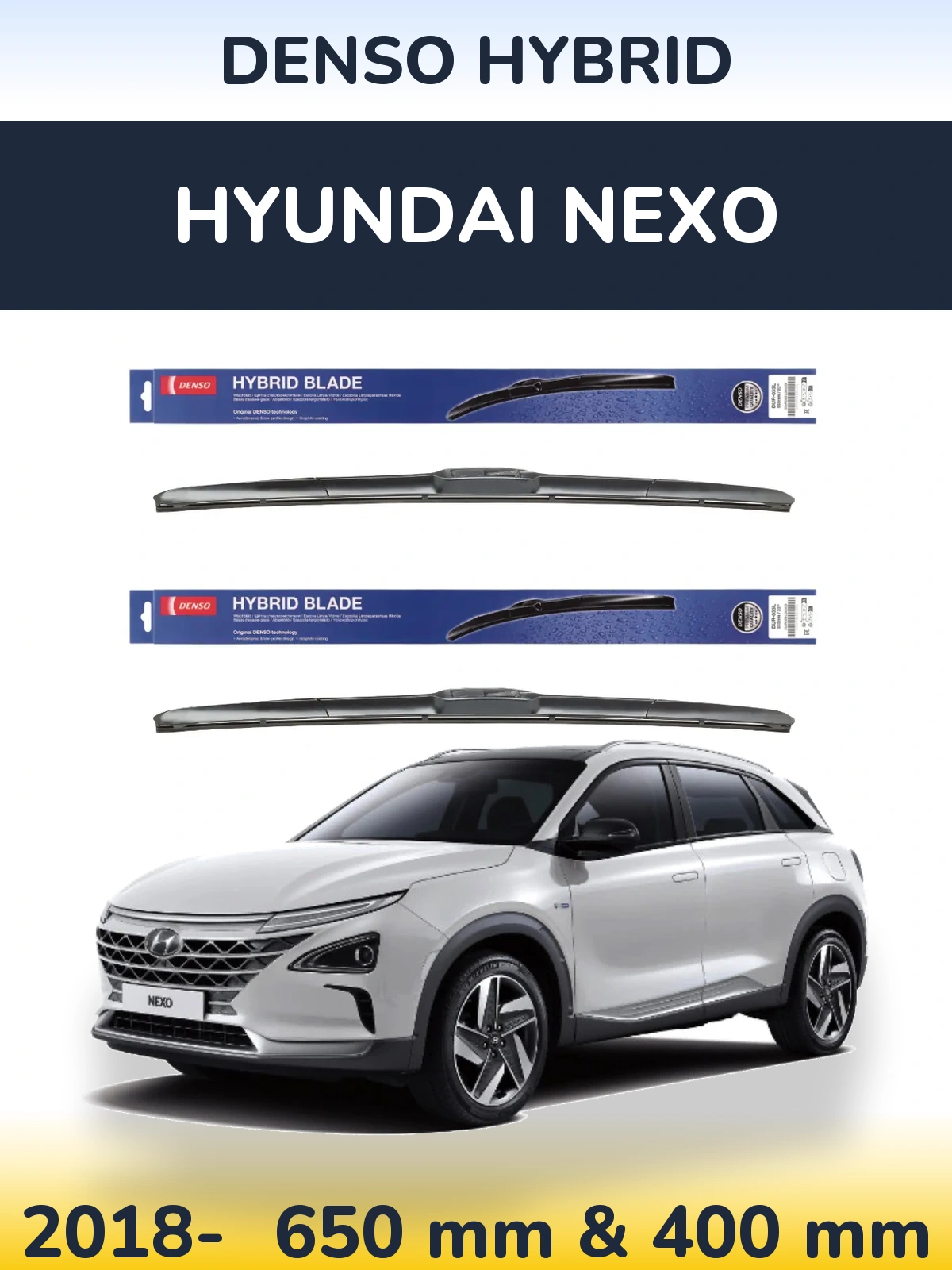 Sada předních stěračů Denso Hybrid 650 a 400 mm pro Hyundai Nexo 2018-2026