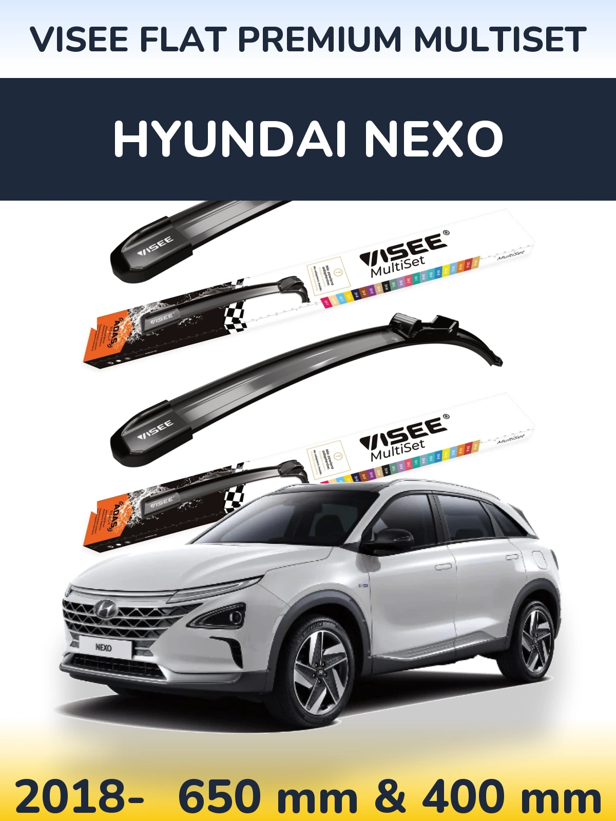 Sada předních stěračů VISEE FLAT PREMIUM MultiSet 650 a 400 mm pro Hyundai Nexo 2018-2026