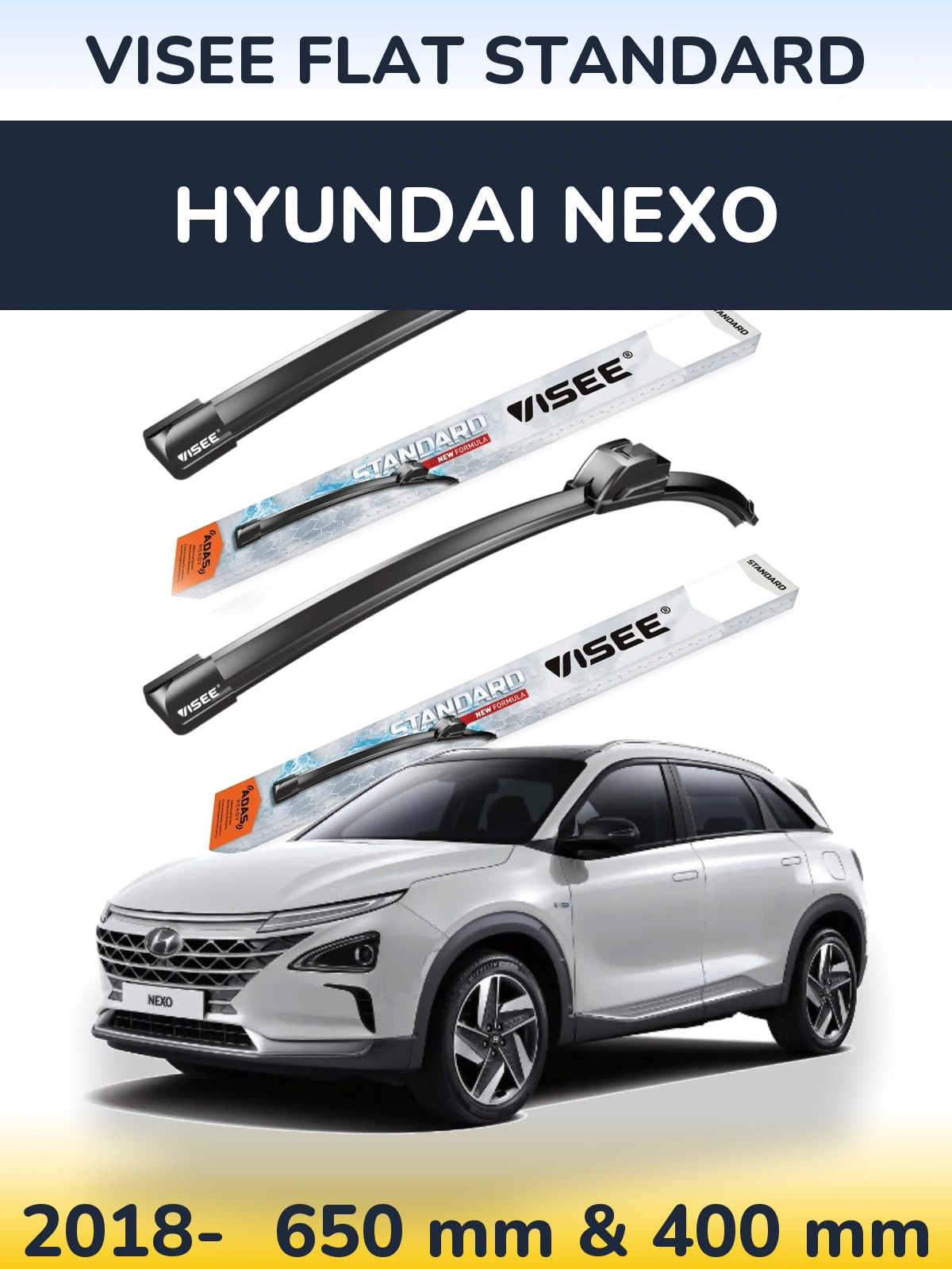 Sada předních stěračů VISEE FLAT STANDARD 650 a 400 mm pro Hyundai Nexo 2018-2026