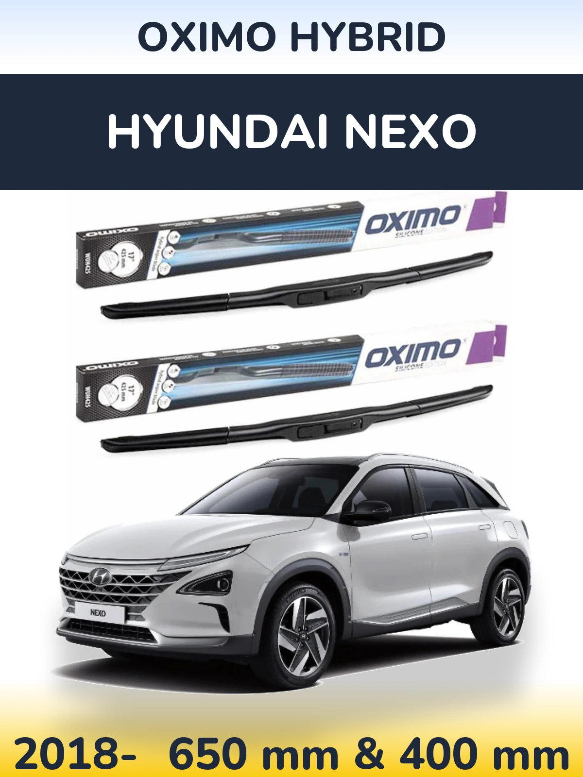 Sada předních stěračů Oximo Hybrid 650 a 400 mm pro Hyundai Nexo 2018-2026