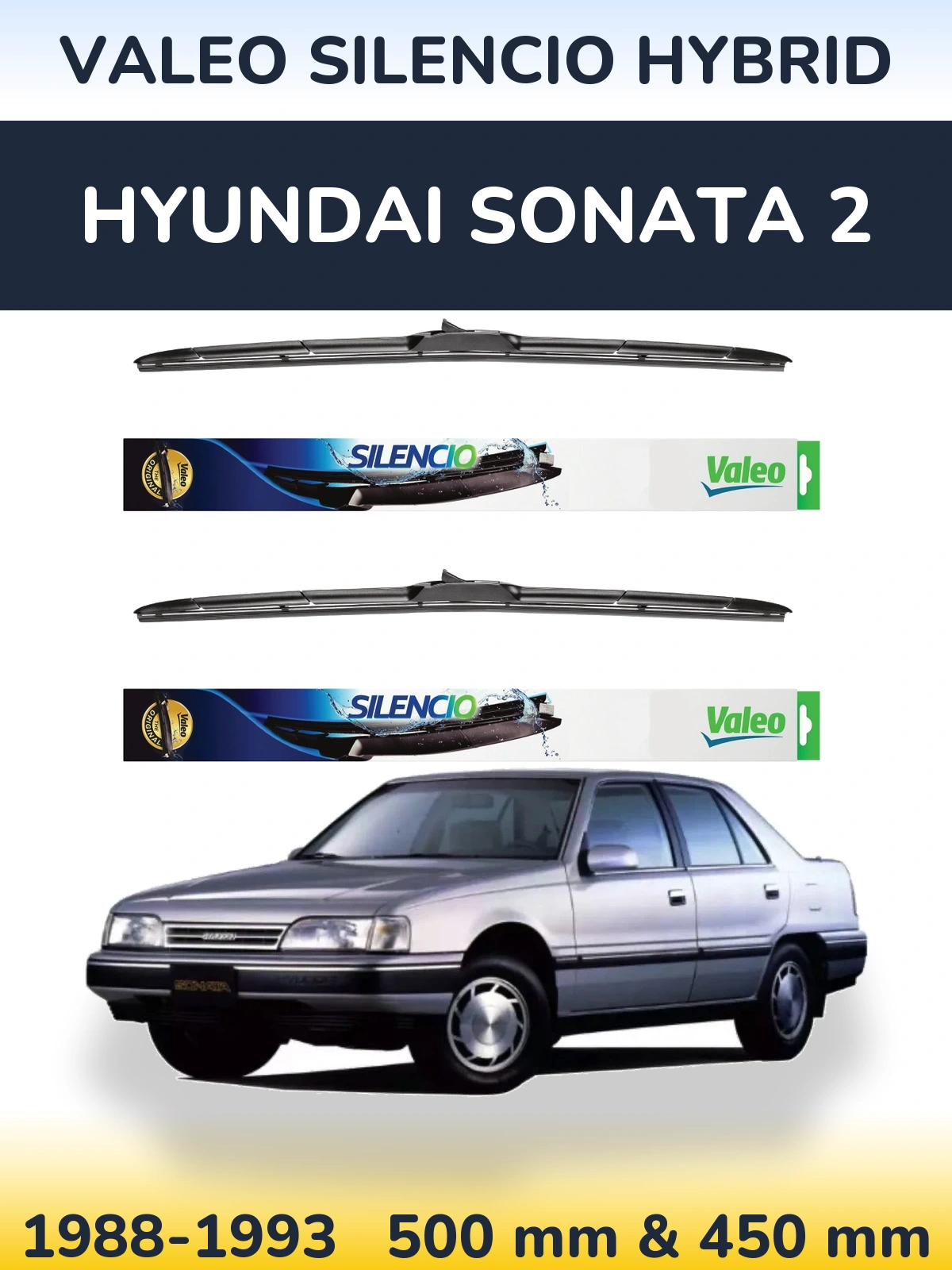Sada předních stěračů Valeo Silencio Hybrid 500 a 450 mm pro Hyundai Sonata 2 1988-1993