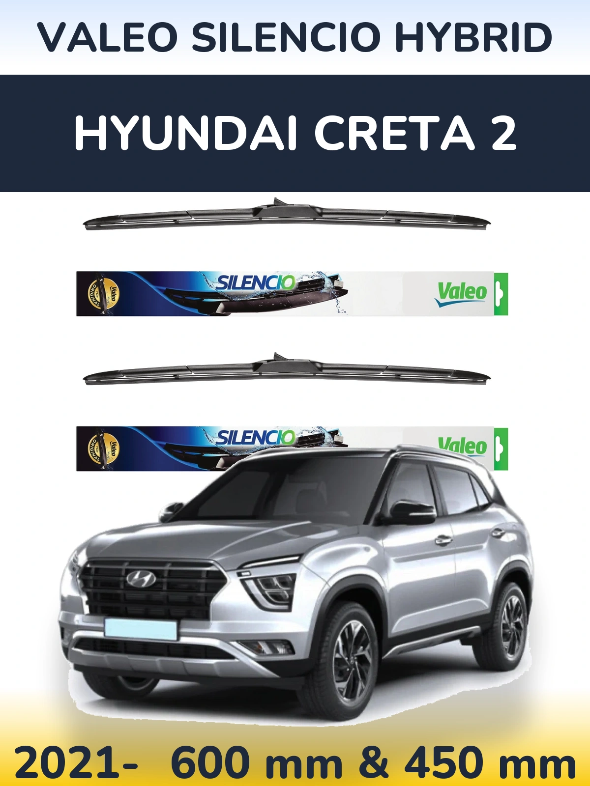 Sada předních stěračů Valeo Silencio Hybrid 600 a 450 mm pro Hyundai Creta 2 2021-2026