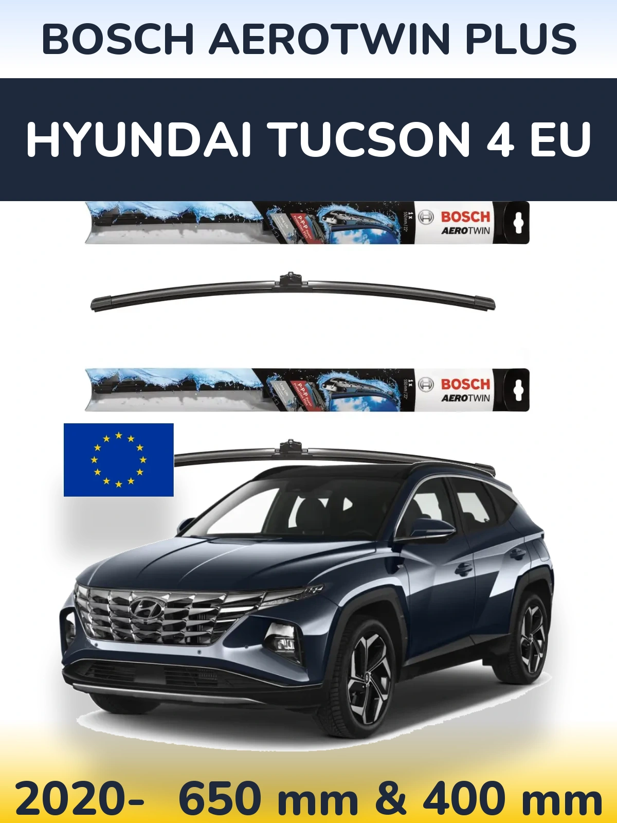 Sada předních stěračů BOSCH AeroTwin Plus 650 a 400 mm pro Hyundai Tucson 4 EU 2020-2026