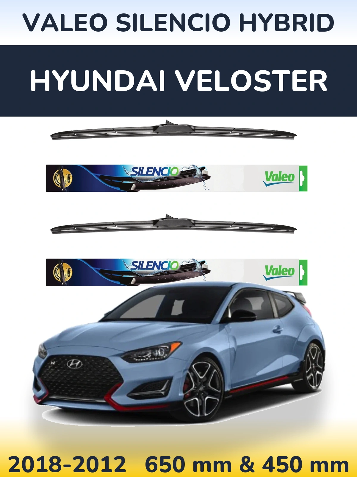 Sada předních stěračů Valeo Silencio Hybrid 650 a 450 mm pro Hyundai Veloster 2018-2012