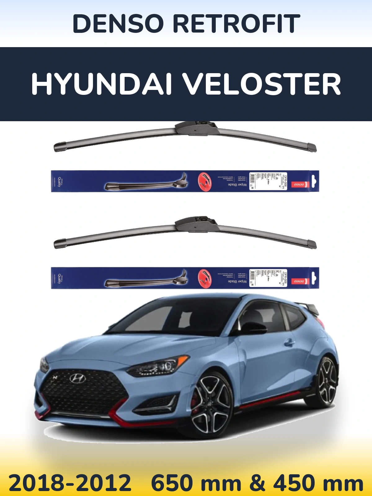 Комплект передніх щіток Denso Retrofit 650 & 450 мм для Hyundai Veloster 2018-2012