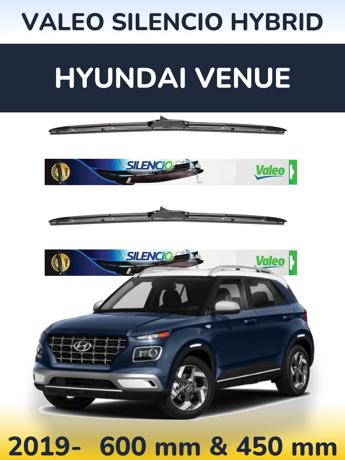 Sada předních stěračů Valeo Silencio Hybrid 600 a 450 mm pro Hyundai Venue 2019-2026